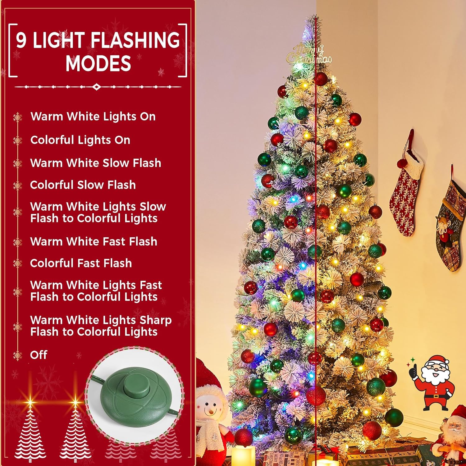 Yaheetech Árbol de Navidad flocado de nieve preiluminado de 6 pies, pino artificial con bisagras de alta calidad con 250 luces LED coloridas y 564