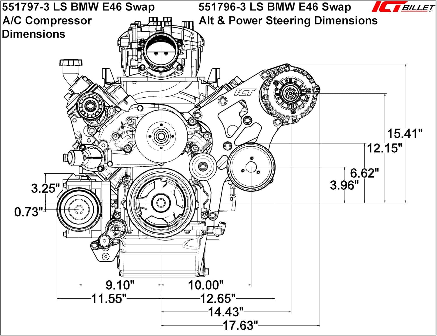 ICT Billet LS Swap Alternador y Kit de soporte de dirección asistida compatible con Camaro BMW 330i E46 LS1 LS3 LSX 4.8L 5.3L 6.0L 551796-2