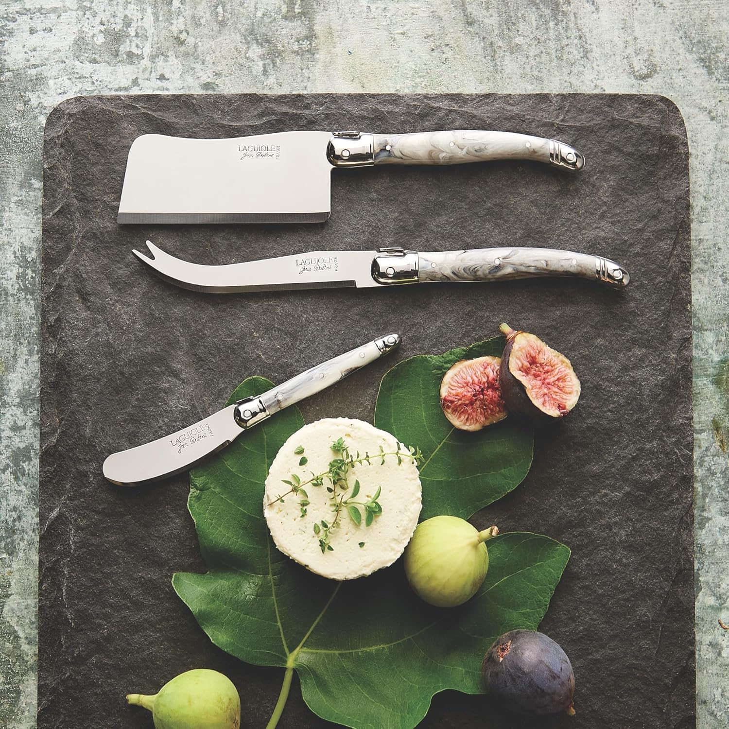 Jean Dubost Laguiole – Juego de cuchillos de queso de 3 piezas, asas de lino, acero inoxidable resistente al óxido, incluye bandeja de madera,