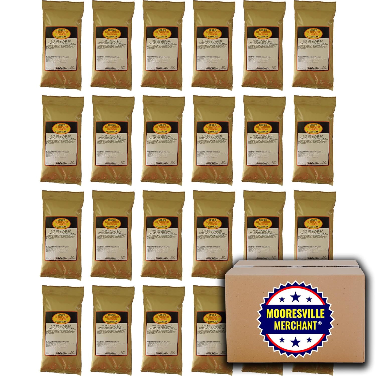 AC Legg Fresh Chorizo – Mezcla de condimentos para salchichas 111, 16 onzas, 24 bolsas con calcomanía Mooresville Merchant