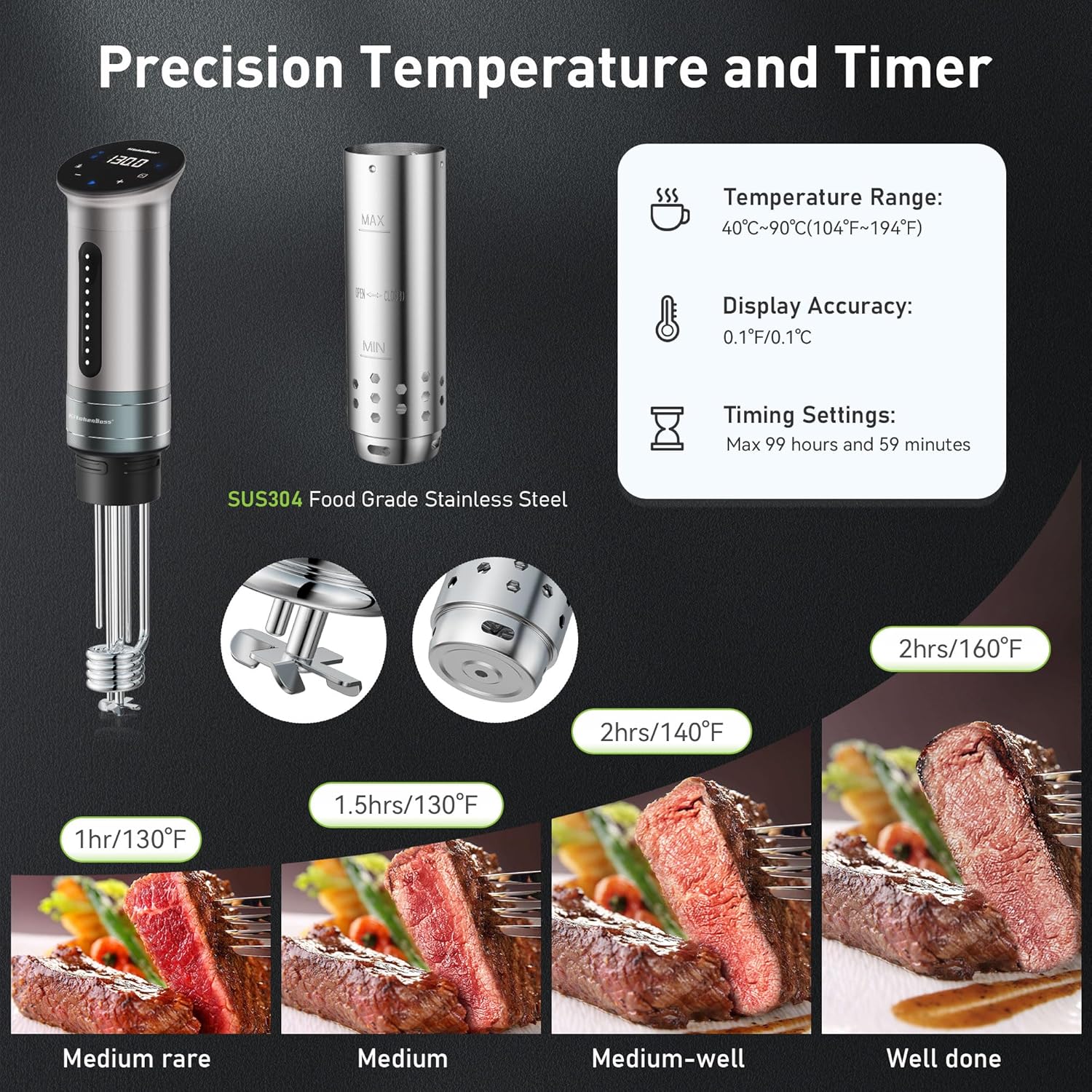 KitchenBoss Wifi Sous Vide Machine Ultra-silencioso Sous-vide Immersion Circulator Cooking Machine APP Control 1100W, IPX7 impermeable Precision
