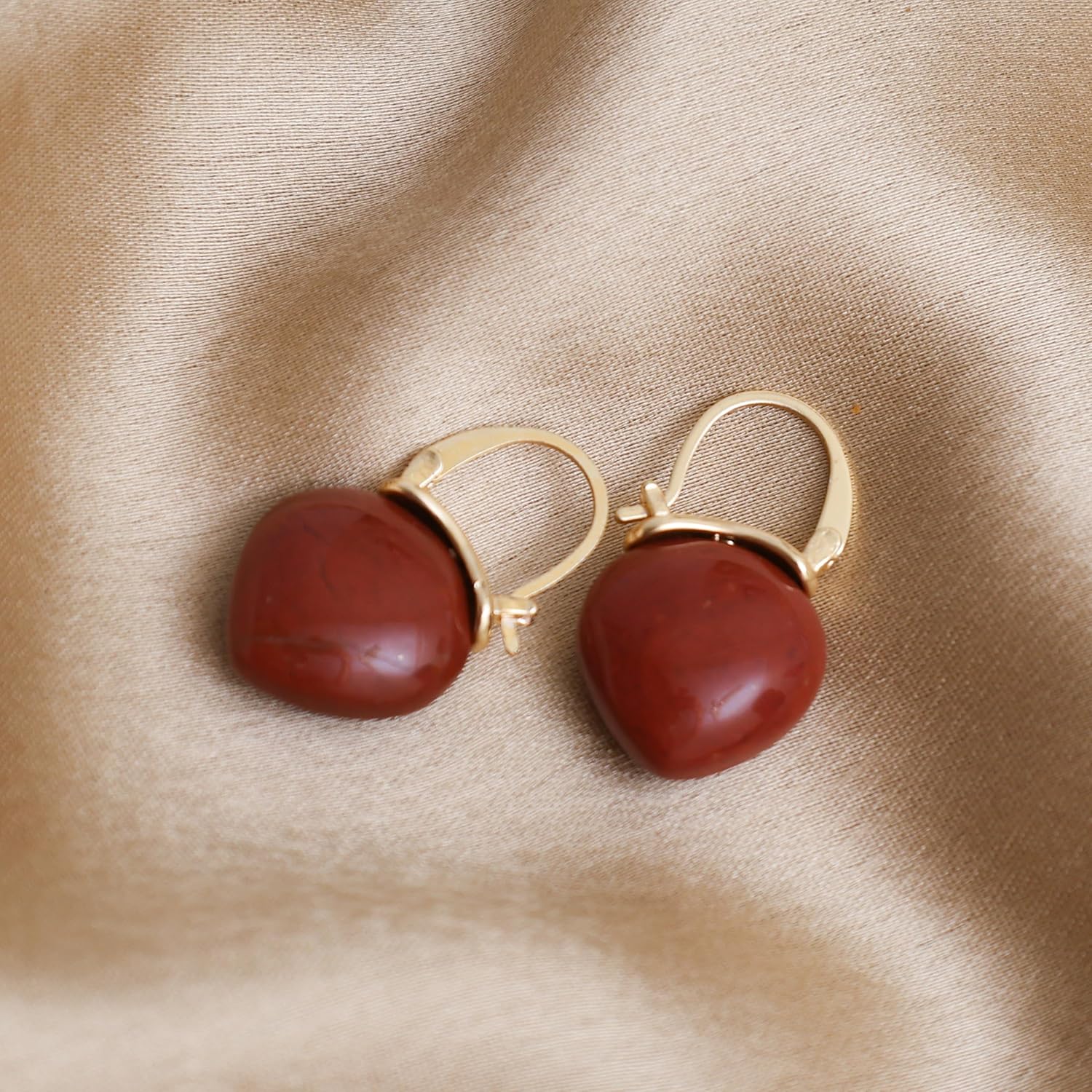 Gempires Mother’s Day Gift Red Jasper Hoop Earrings, Dangle Drop, Trendy, Handmade 15mm Pear shape Crystal, Dainty Statement Earring, 14k Gold