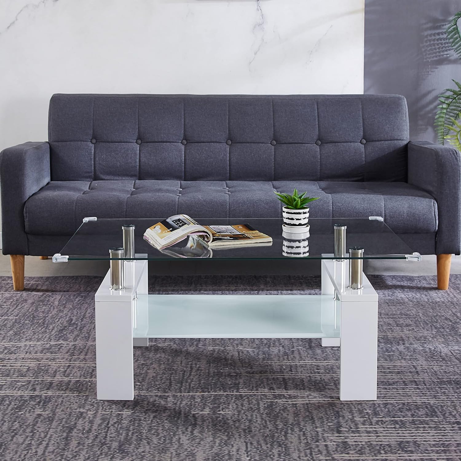 Mesa de centro rectangular de vidrio de 37 pulgadas, mesa de centro lateral blanca moderna con estante inferior, mesa de centro de doble capa con