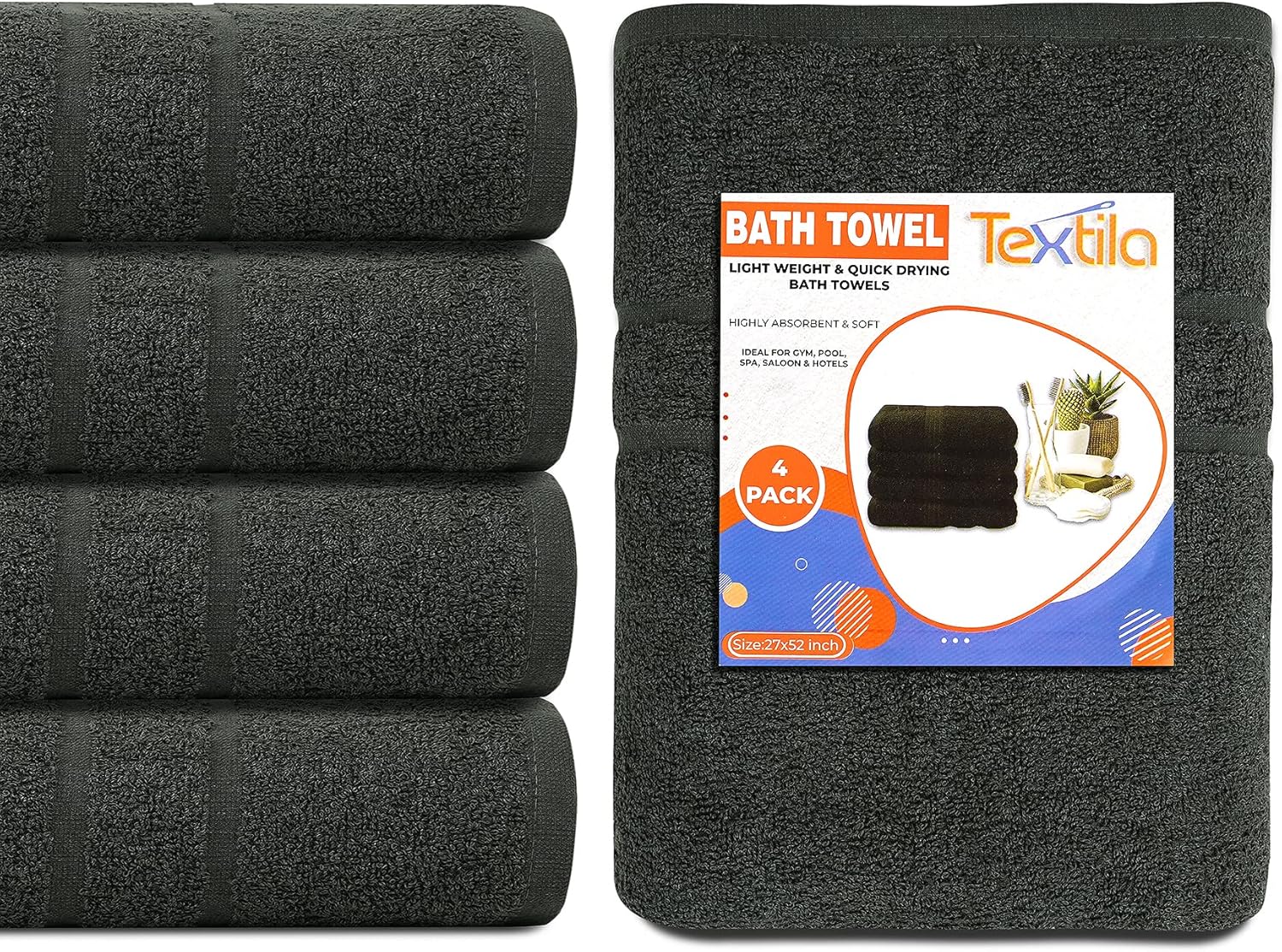 Toallas de baño de algodón, toallas de baño grandes de 27 x 52 pulgadas, paquete de 4, color gris, toallas suaves y absorbentes, para baño,