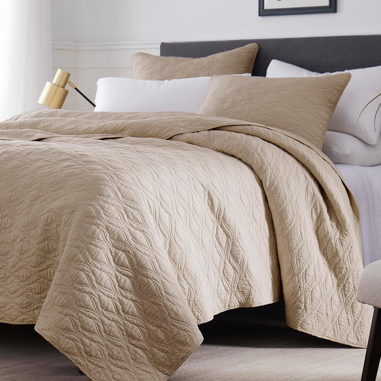 Juego de ropa de cama de 100 % algodón beige con fundas de almohada, colcha ligera y suave de gran tamaño, funda de cama acogedora para todas las