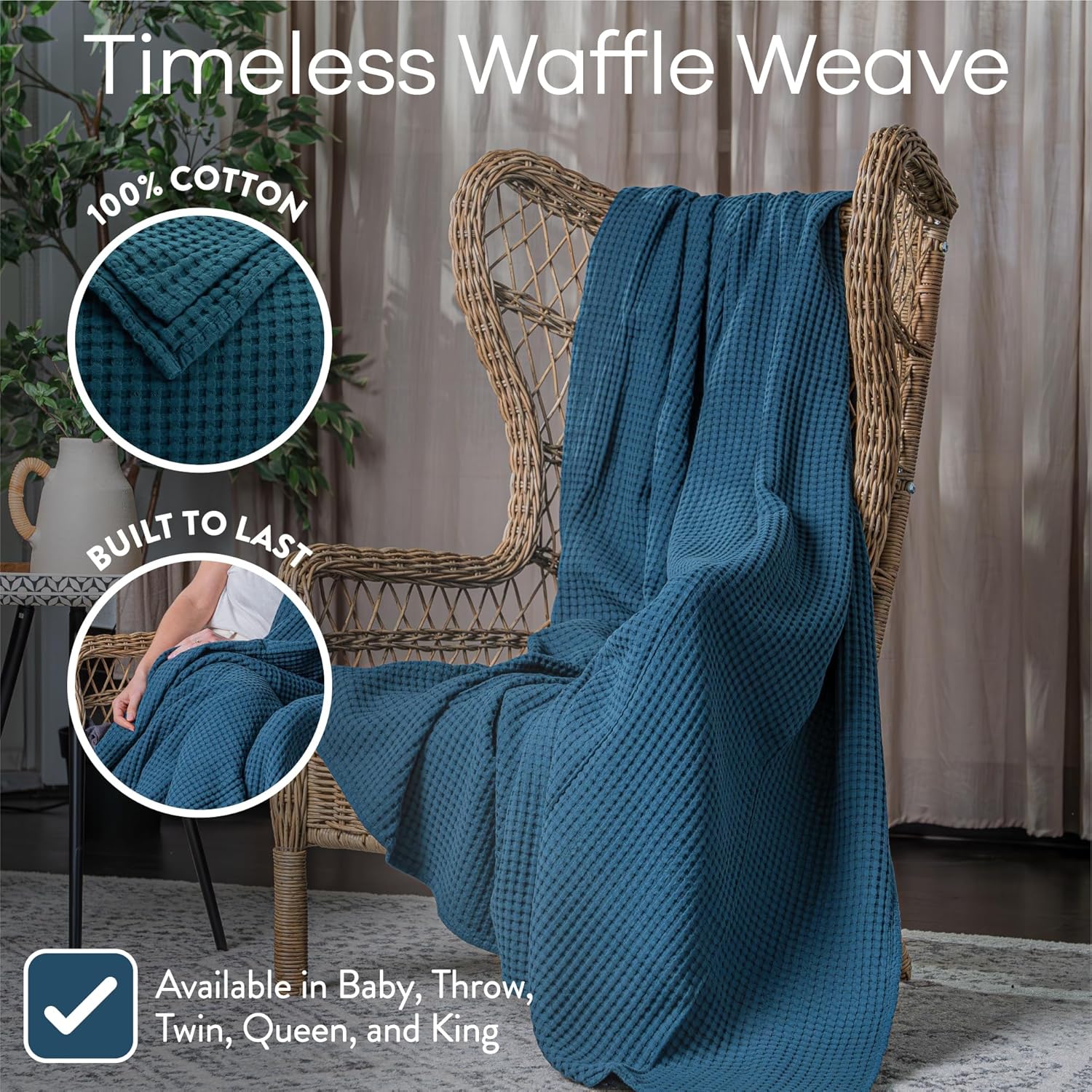 Comfy Cubs Manta de punto gofre 100% algodón, transpirable, agradable al tacto, suave, ligera, perfecta y cálida, tamaño para sofá, cama y sofá