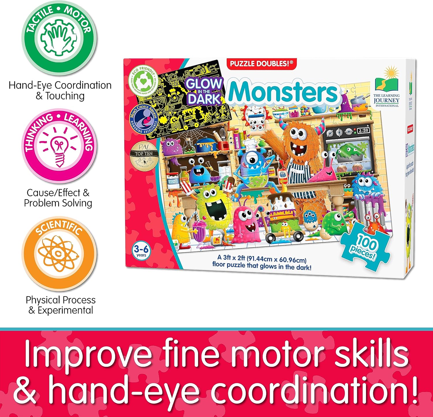 Learning Journey International Puzzle doble que brilla en la oscuridad  Monstruos  Rompecabezas preescolar de 100 piezas que brillan en la oscuridad