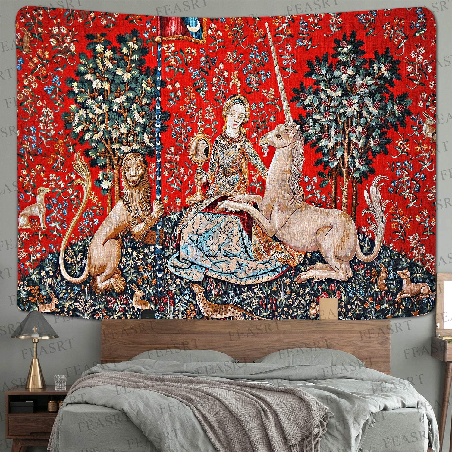FEASRT Tapiz medieval de princesa europeo, tapiz real de La doncella y el unicornio, 80 x 60 pulgadas, para dormitorio, sala de estar, dormitorio,