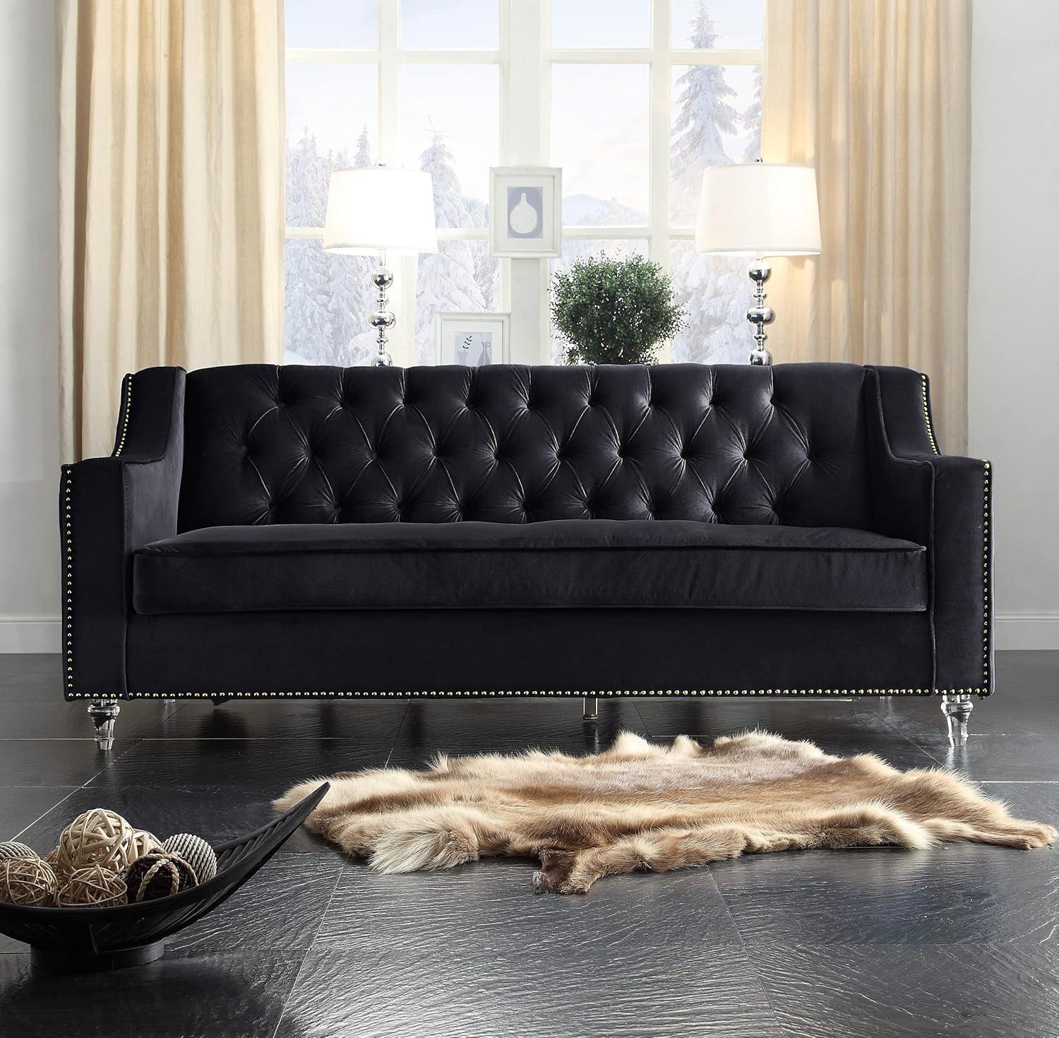 Sofá de terciopelo negro Dylan con cabeza de clavo plateado Trim Round Acrylic Feet Sofa