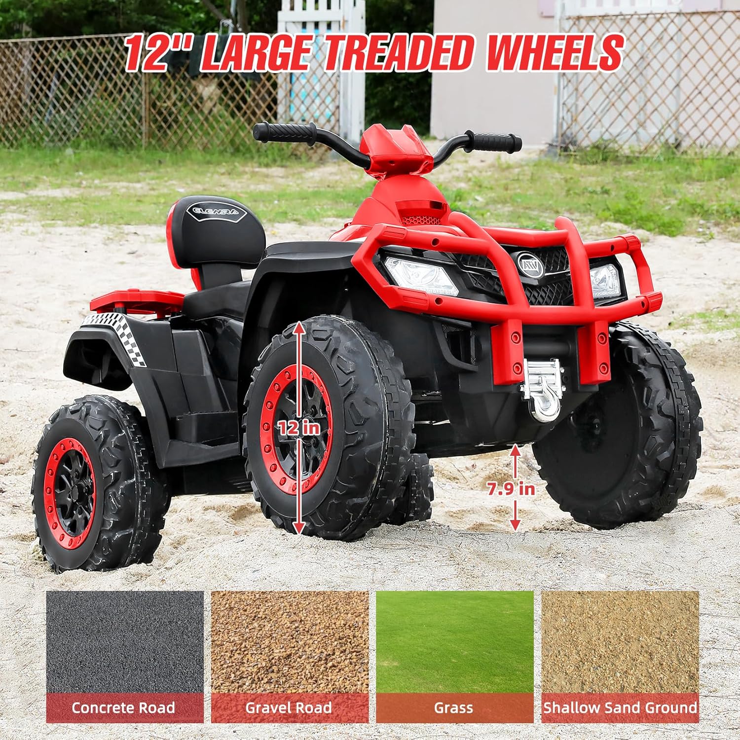 ELEMARA ATV para niños de 2 plazas, vehículo eléctrico de 4 ruedas con batería de 10 AH, 4 mph, 2 puertos de carga, Bluetooth, faros LED, música,