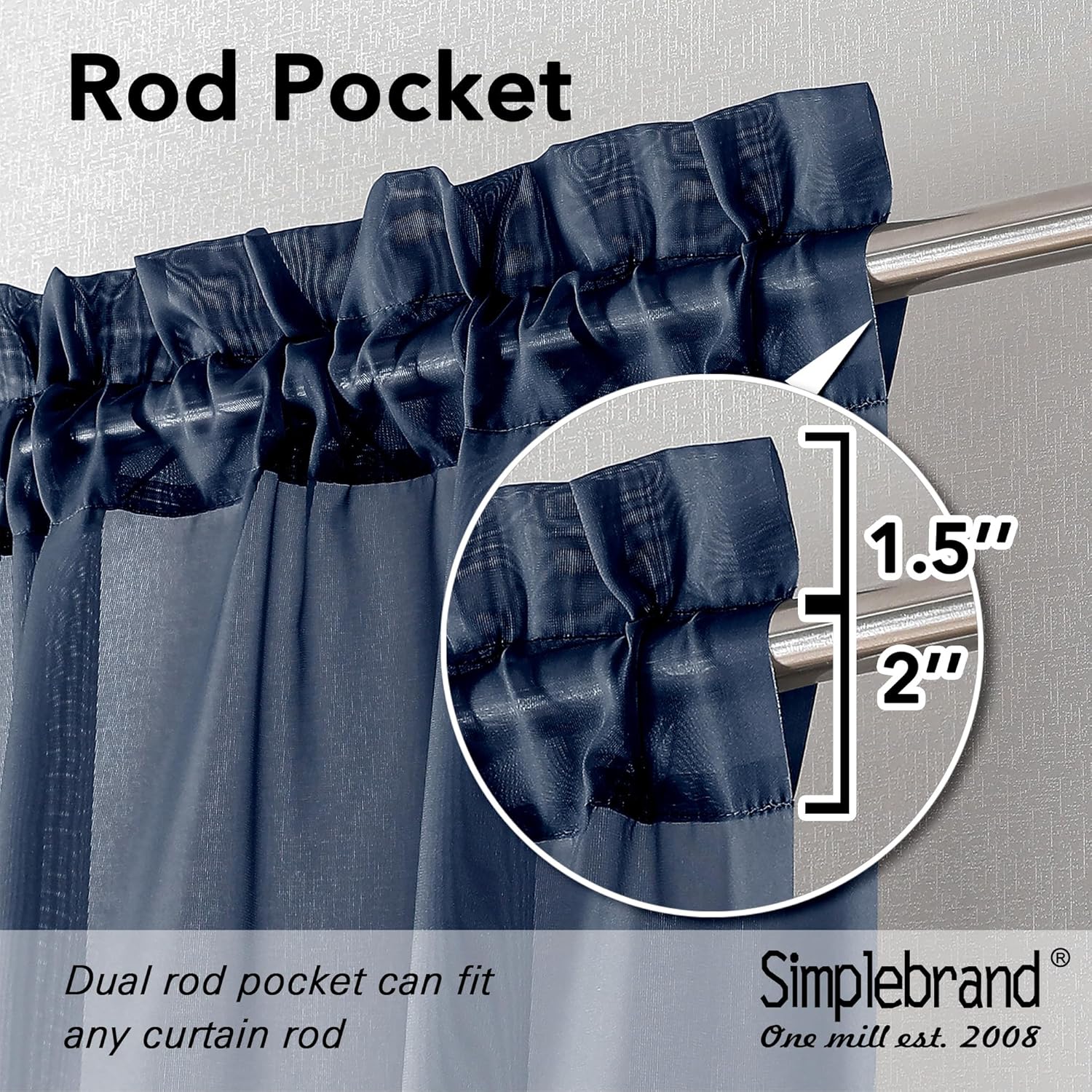 Simplebrand Cenefas azul marino de 14 pulgadas de largo para sala de estar, bolsillo de 2 paneles, filtrado de luz, traslúcidas, para ventana,