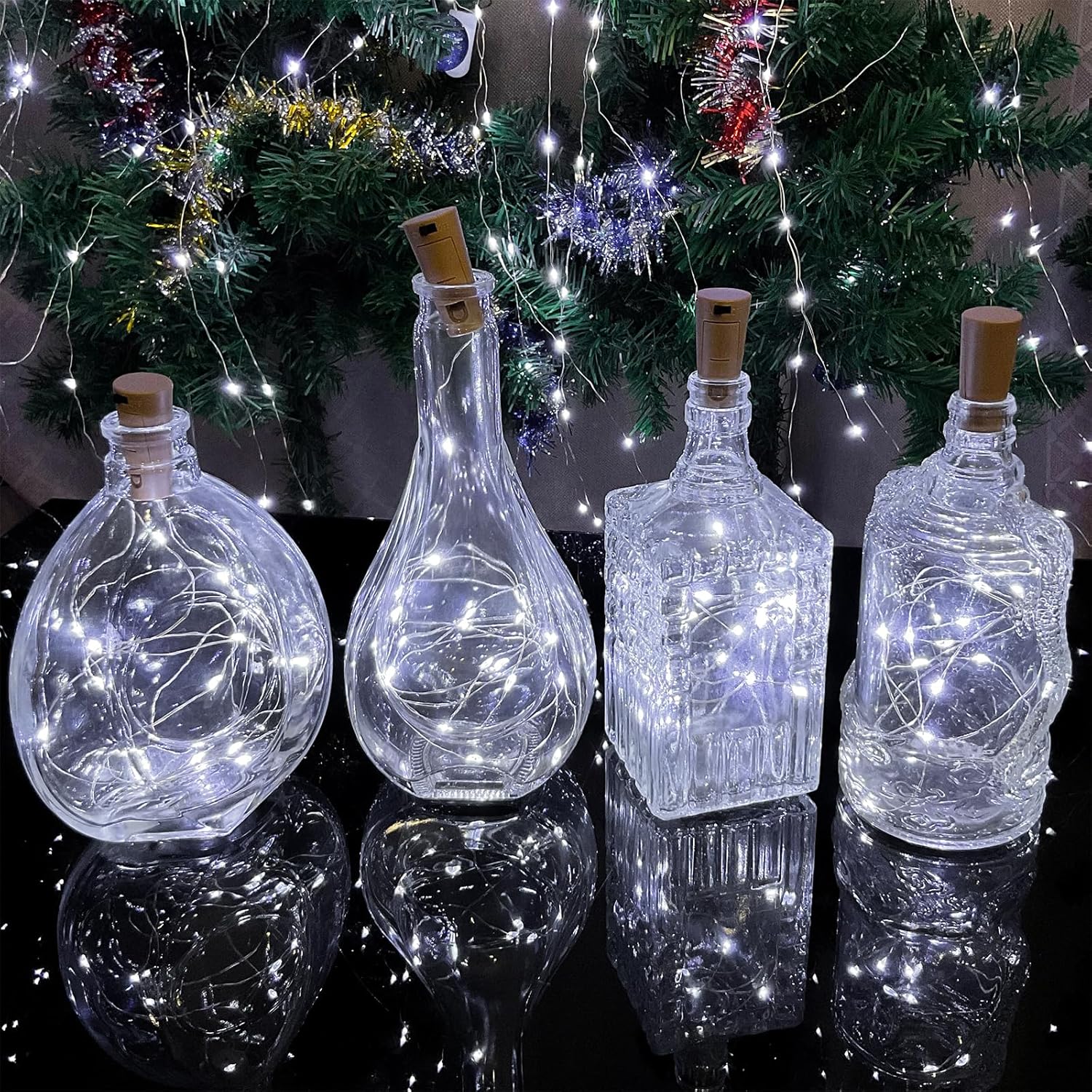 Luces para botella de vino con corcho, 20 luces LED de 6.6 pies de alambre plateado para botella de corcho, mini tira de luces de hada, para tarro