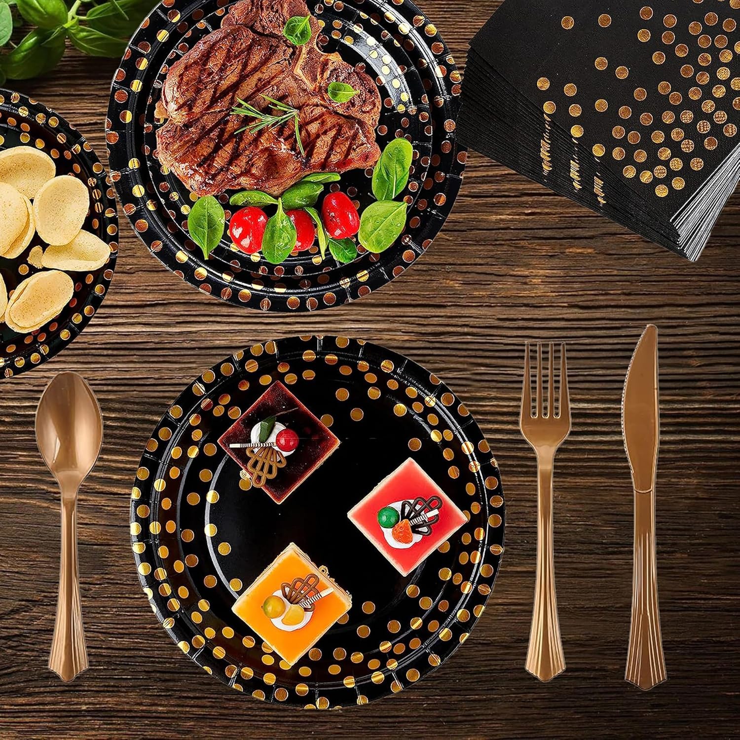 Choha 180 piezas de suministros de fiesta negros y dorados, sirve para 30 invitados desechables para fiestas, platos de papel negro, servilletas,