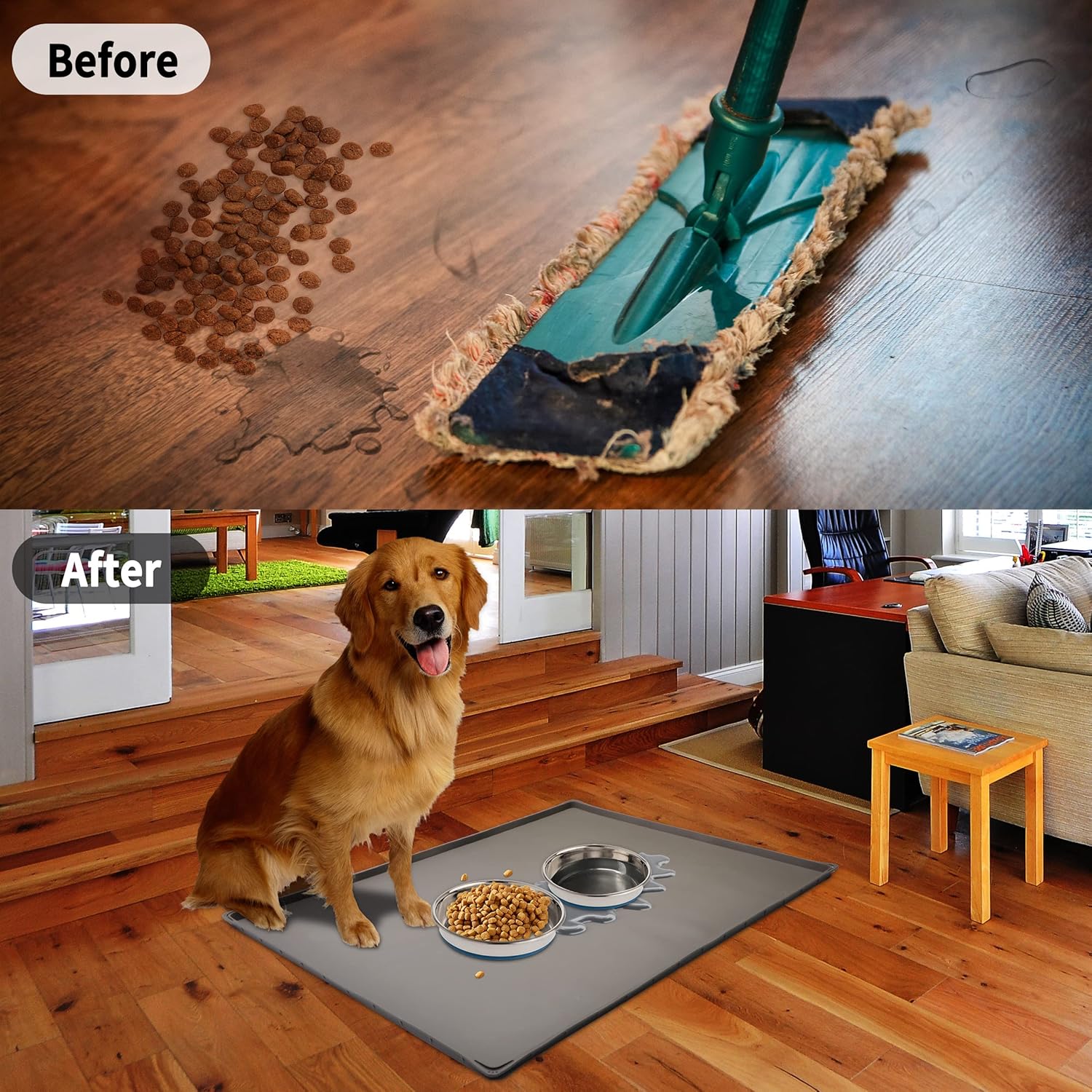 Mofason Tapete impermeable para comida para mascotas, tapete para perros de 32 x 24 pulgadas, grande  0.7 pulgadas, borde elevado, mantel individual