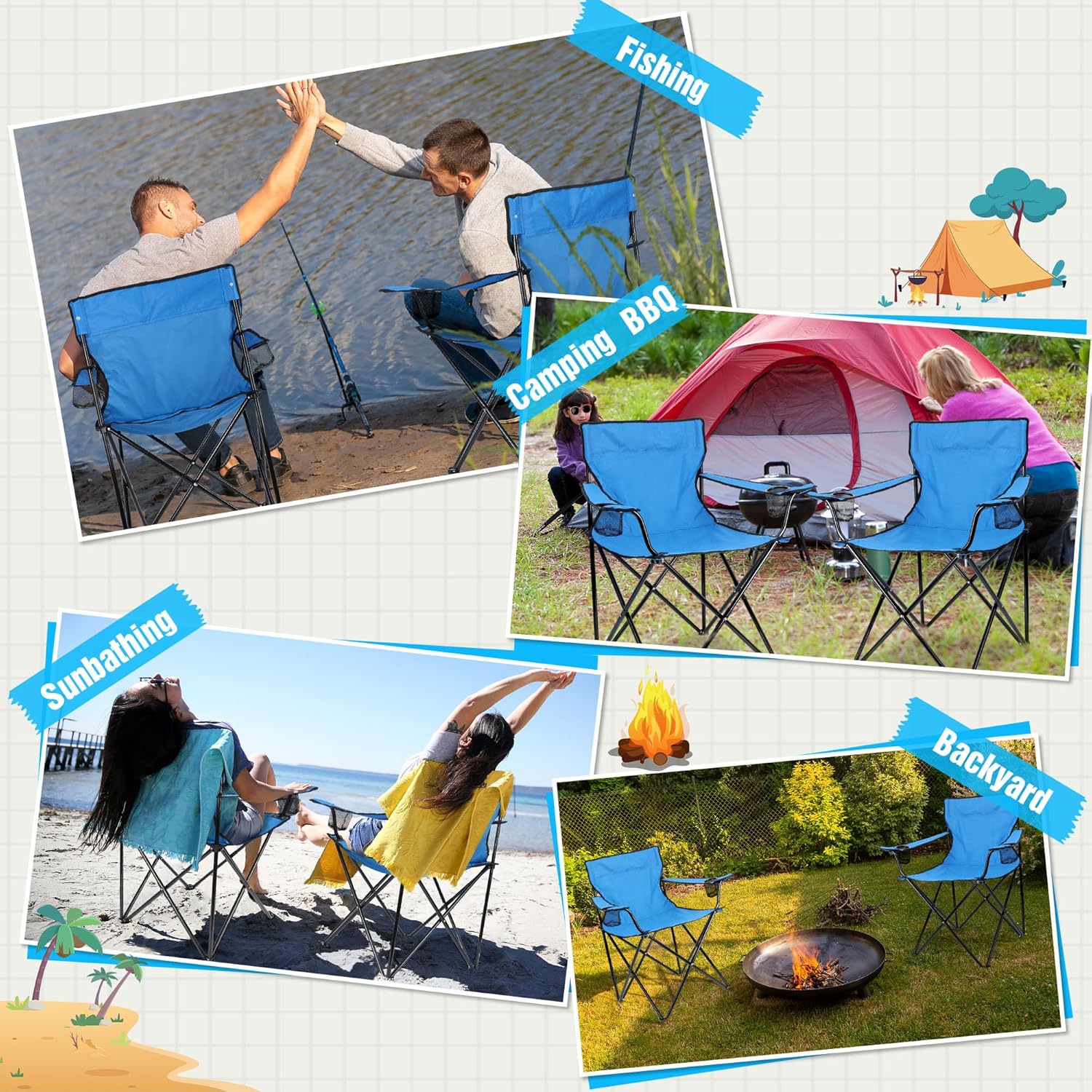 HaSteeL Juego de 2 sillas plegables de campamento, sillas de campamento plegables y bolsas de transporte para adultos, portátil para césped, al aire