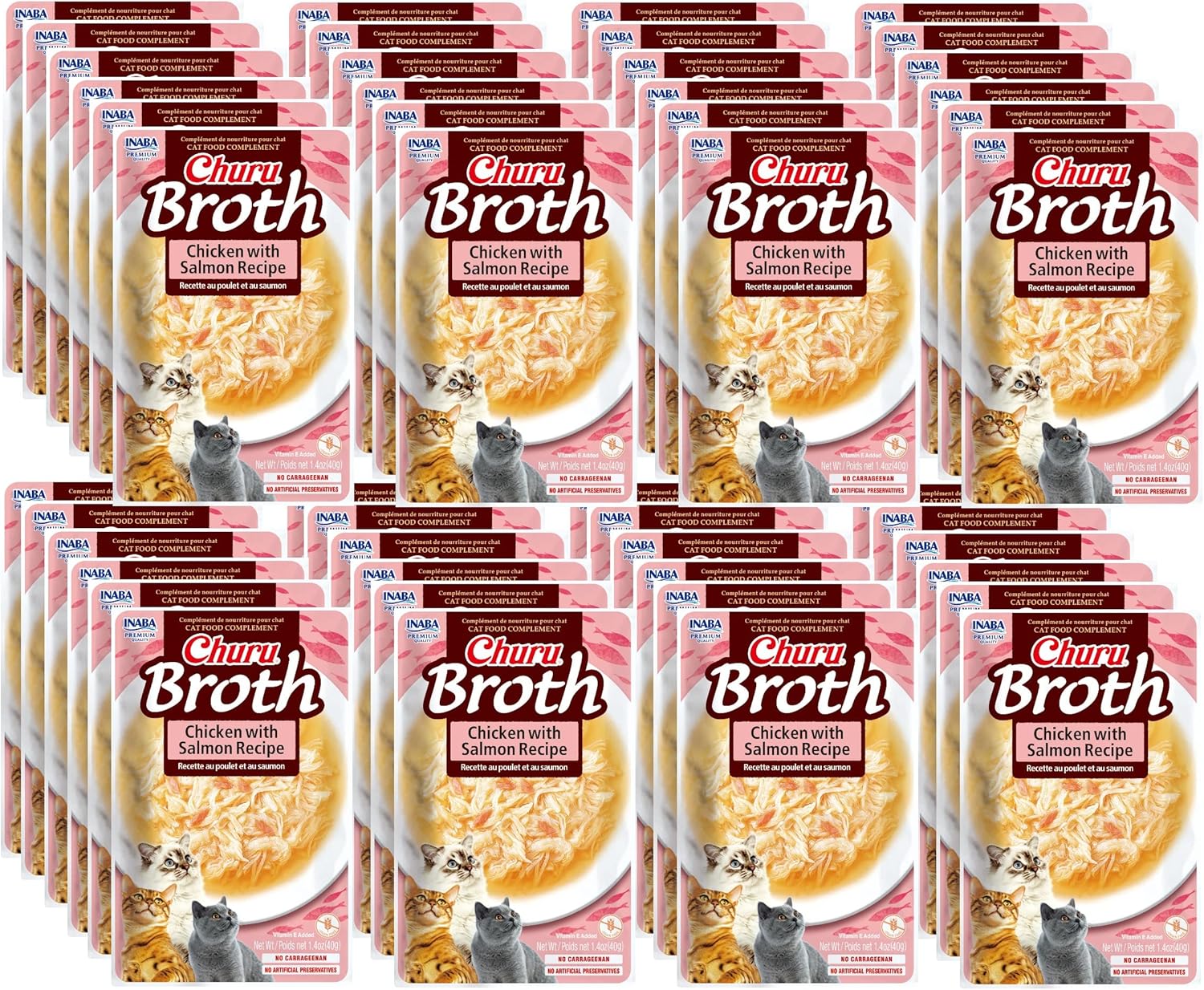 INABA Churu – Golosinas de caldo para gatos, pollo rallado y caldo cremoso con vitamina E, 1.4 onzas por bolsa, (paquete de 48), receta de pollo con