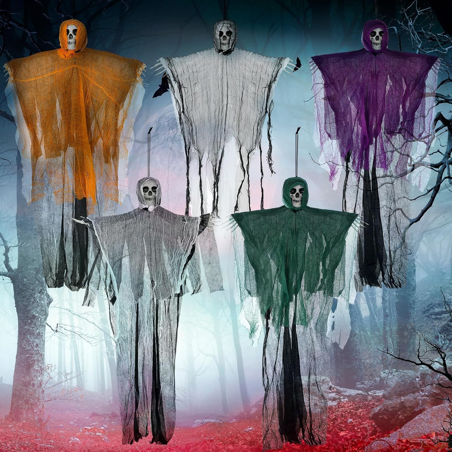 5 piezas de 35 pulgadas de Halloween colgantes de parca colgantes de esqueleto de Halloween, fantasmas, decoración de fantasmas colgantes,