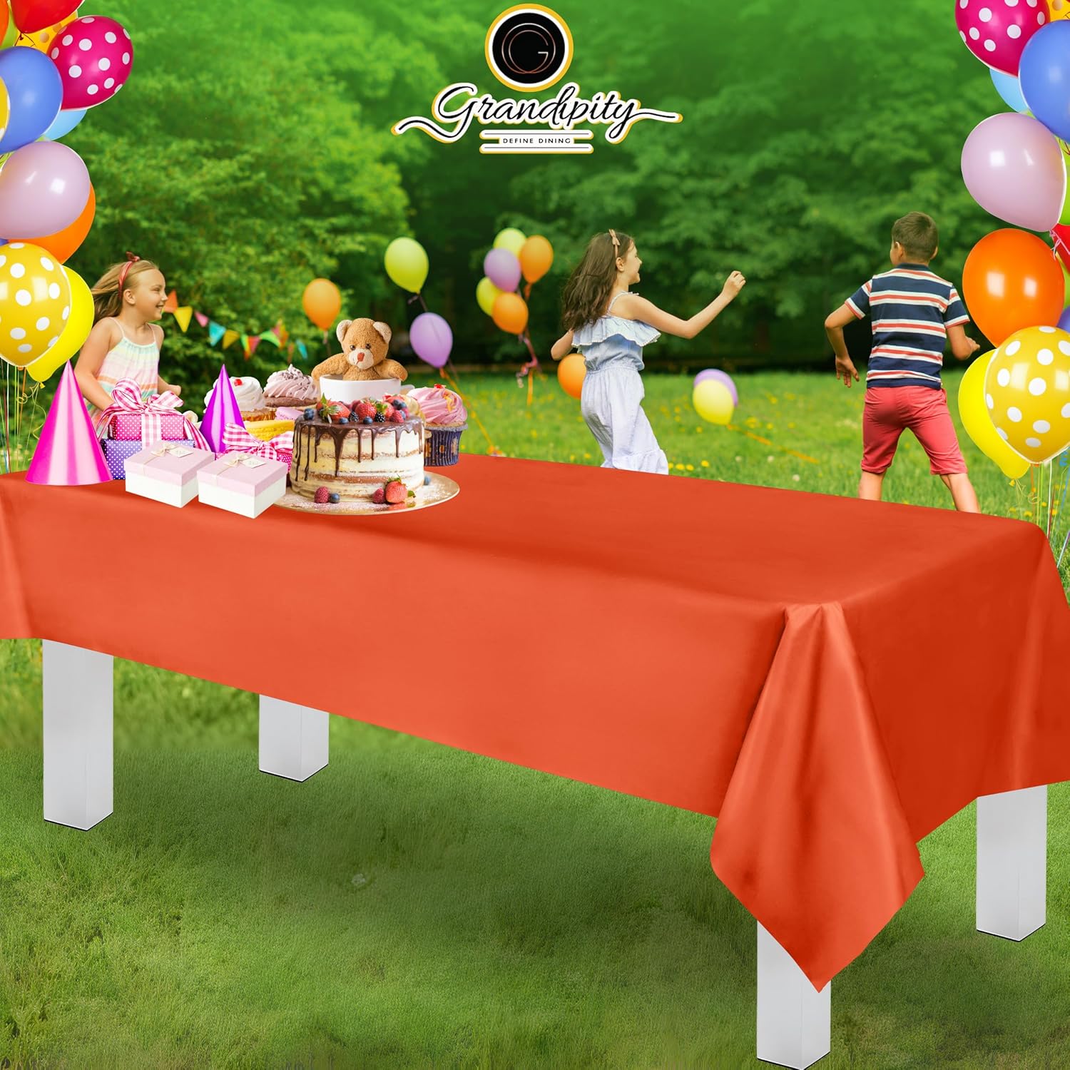 Grandipity – Mantel de plástico desechable prémium, 54 x 108 pulgadas, color naranja, paquete de 12, mantel rectangular decorativo