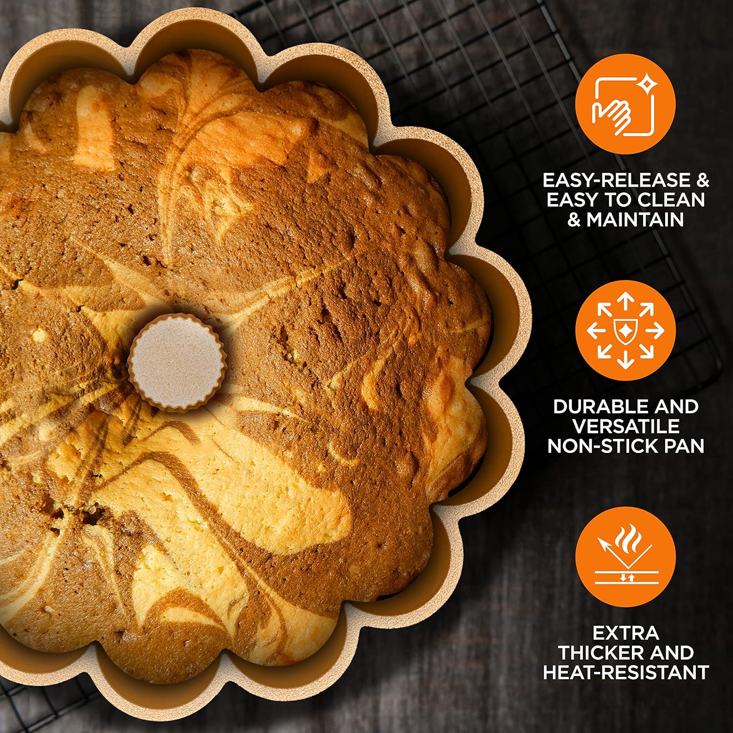 NutriChef Molde para pasteles Marquise Bundt de 9 pulgadas, utensilios para hornear de aluminio fundido grueso y pesado con bordes estriados de
