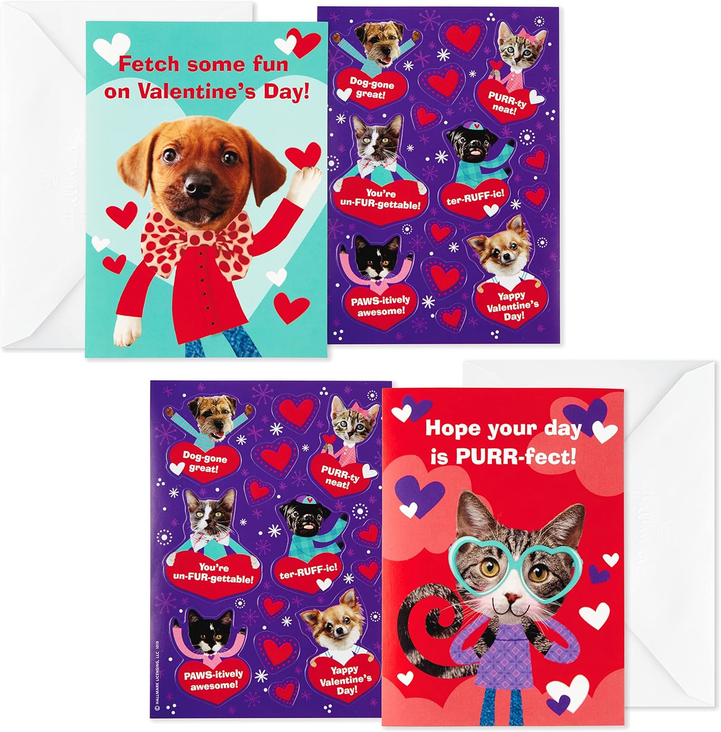 Hallmark Tarjetas de San Valentín y calcomanías para la escuela de niños, cachorros y gatitos (24 aulas de San Valentín con sobres)