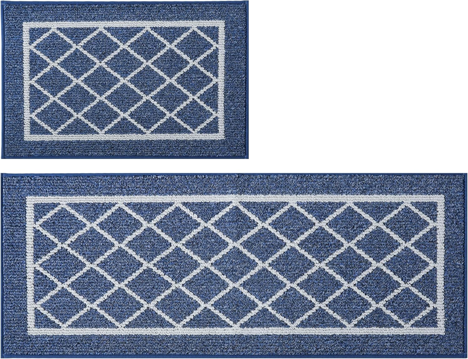 BEQHAUSE – Juego de 2 tapetes de cocina lavables, antideslizantes, juego de 2 tapetes de cocina absorbentes, color azul marino con respaldo de