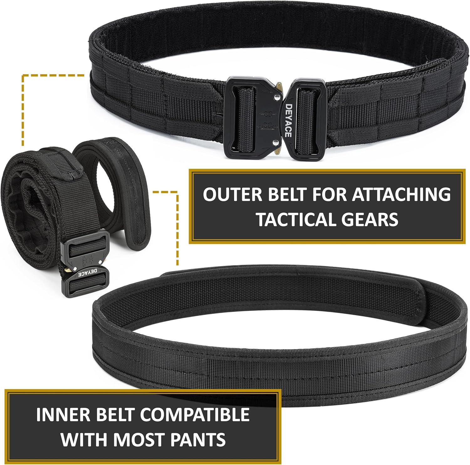 DEYACE Cinturón de batalla de liberación rápida, cinturón táctico MOLLE resistente de 1.75 pulgadas y cinturón interior EDC de 1.5 pulgadas para