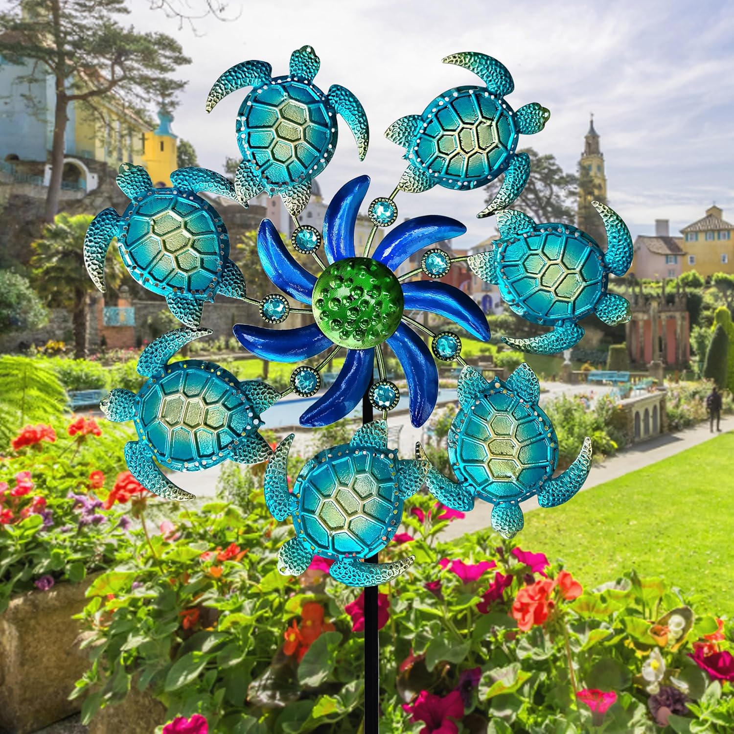 Molinillos de viento de tortuga marina de 39 pulgadas, estaca de jardín, decoración al aire libre, estaca de metal, escultura de viento, decoración
