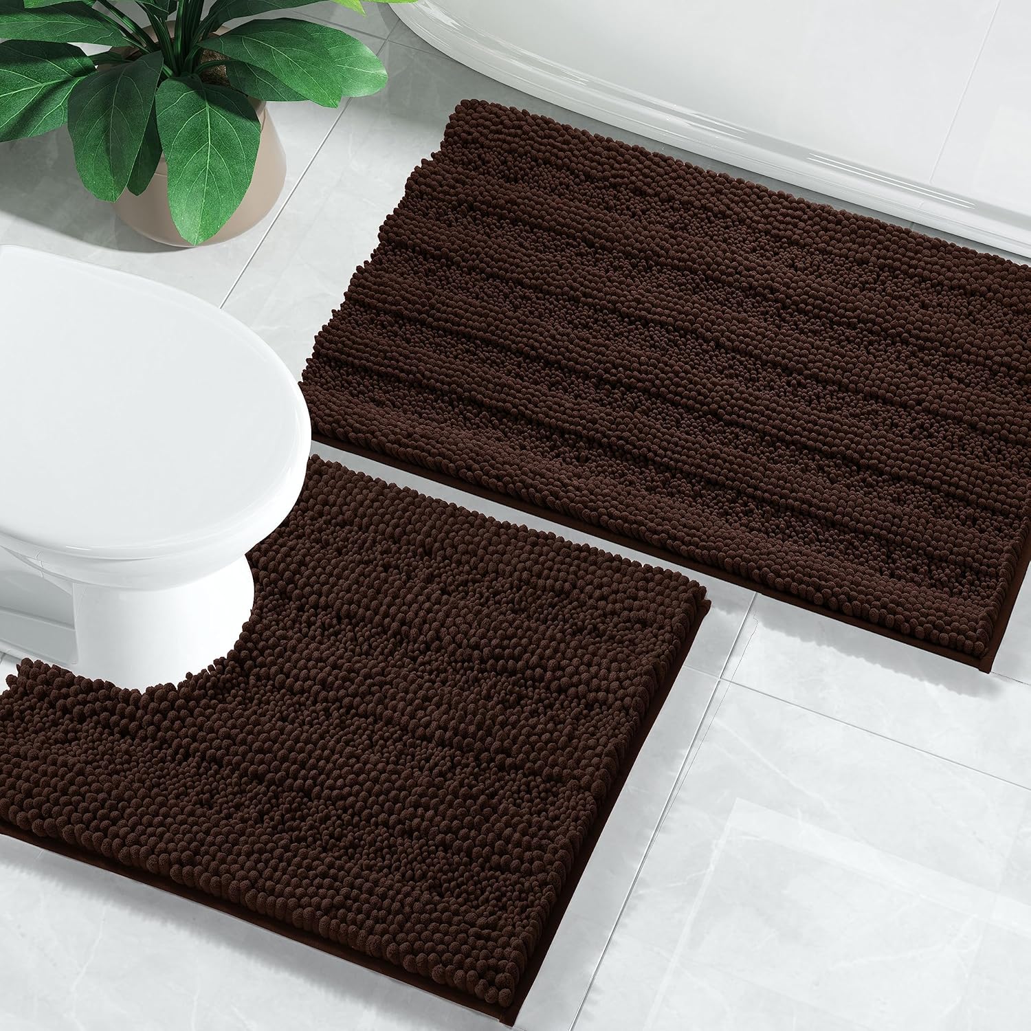 Yimobra Juego de 2 alfombras de baño de felpilla de lujo, extragruesas, antideslizantes, de secado rápido, en forma de U, de microfibra mullida y