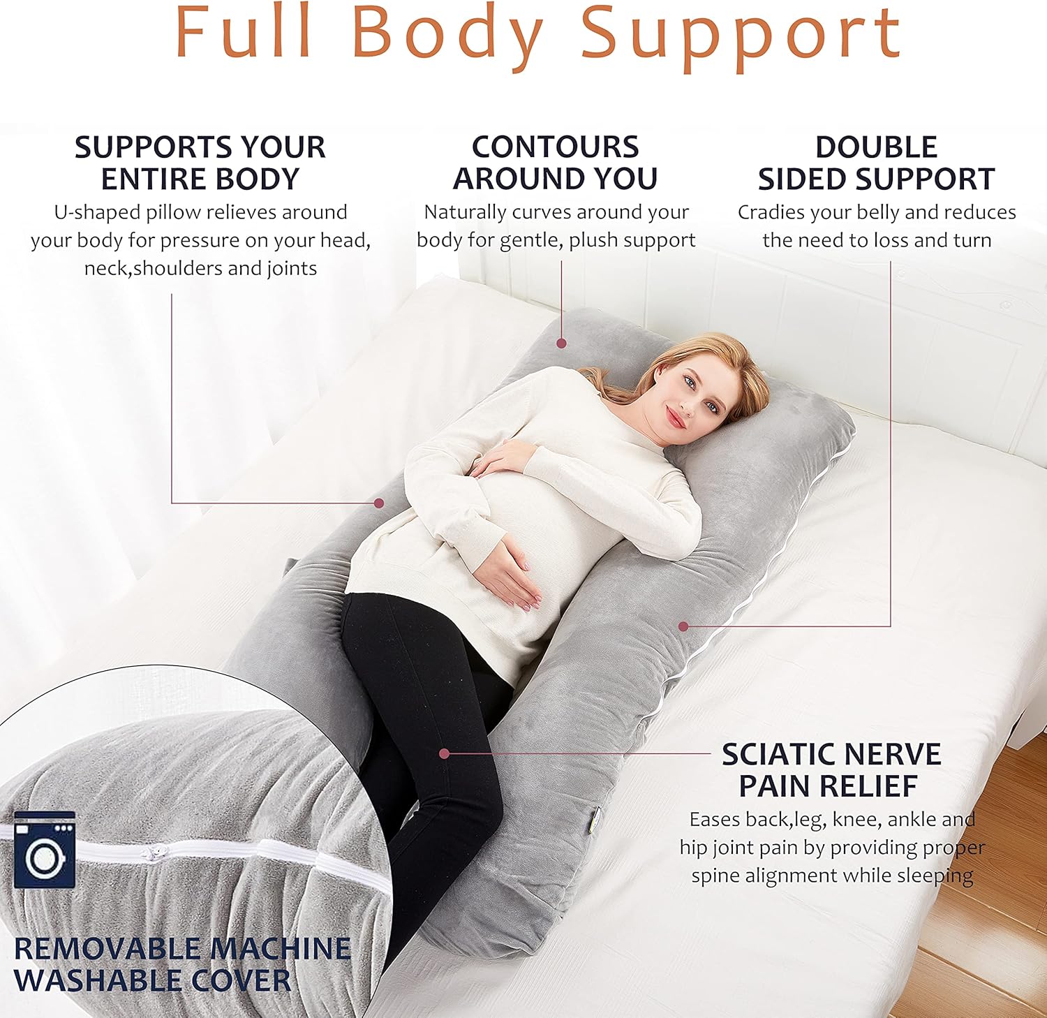 COMFYPRO Almohada de embarazo  Almohada de maternidad transpirable 100% poliéster con funda de terciopelo suave lavable con cremallera  Almohada de