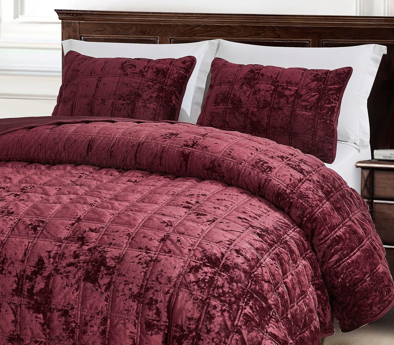 Chezmoi Collection Piers – Juego de edredón de terciopelo burdeos tamaño Queen, ropa de cama de terciopelo envejecido de 3 piezas para todas las