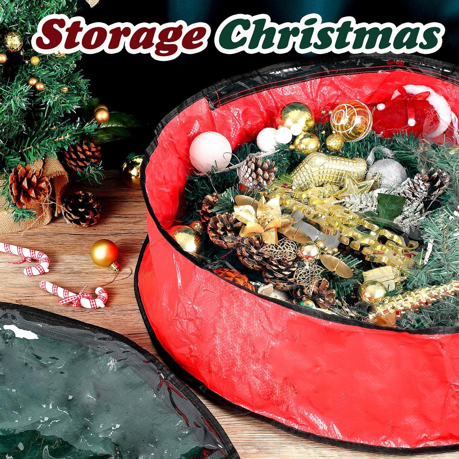 Dunzy 8 bolsas de almacenamiento para coronas de Navidad, contenedor de guirnalda para coronas, de tela resistente a desgarros, cajas redondas con
