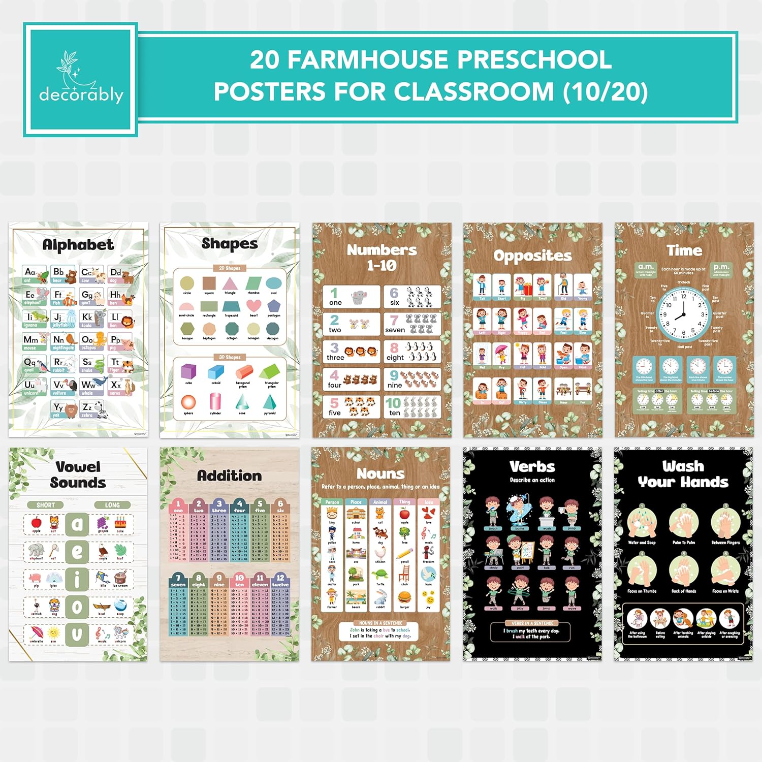 20 pósteres educativos para jardín de infantes, 11 x 17 pulgadas, carteles educativos para niños en edad preescolar, carteles de aprendizaje para