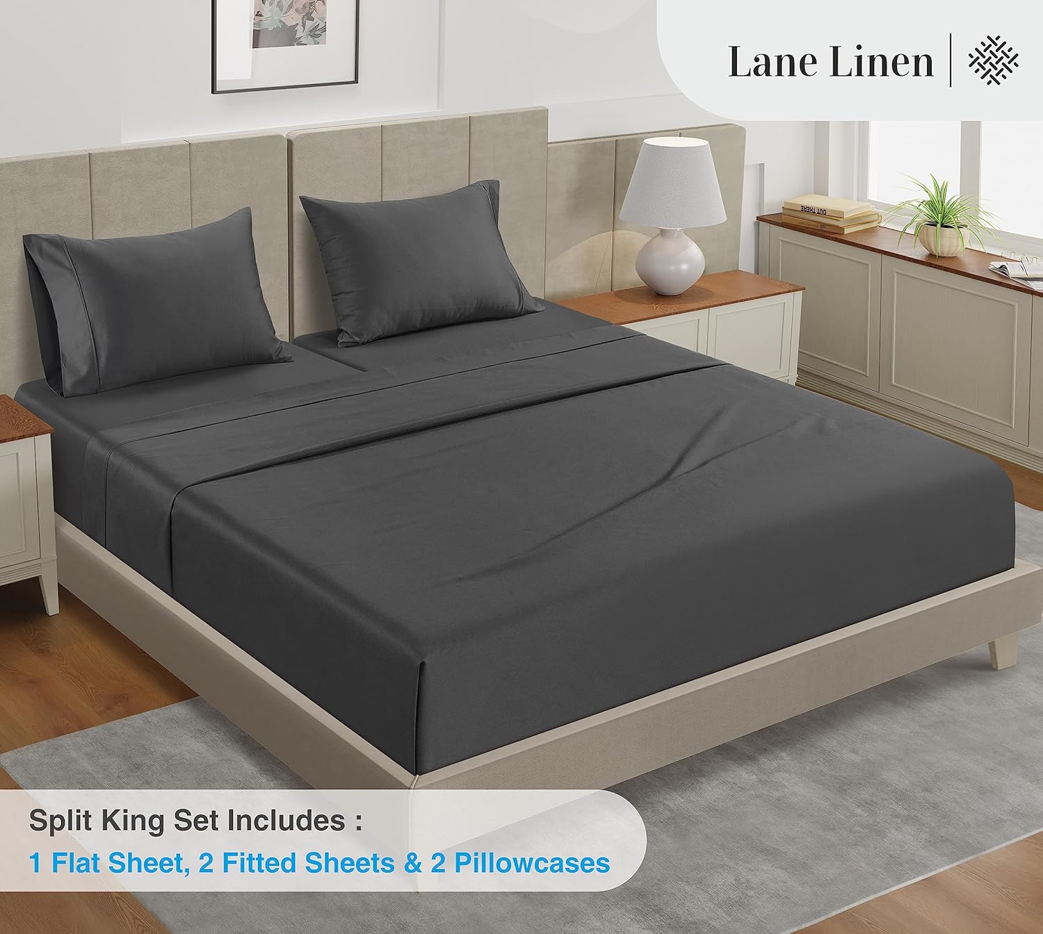 LANE LINEN – Sábanas tamaño Split King para cama ajustable, 450 hilos, 100% algodón, 2 sábanas bajeras individuales XL, con bolsillo profundo,