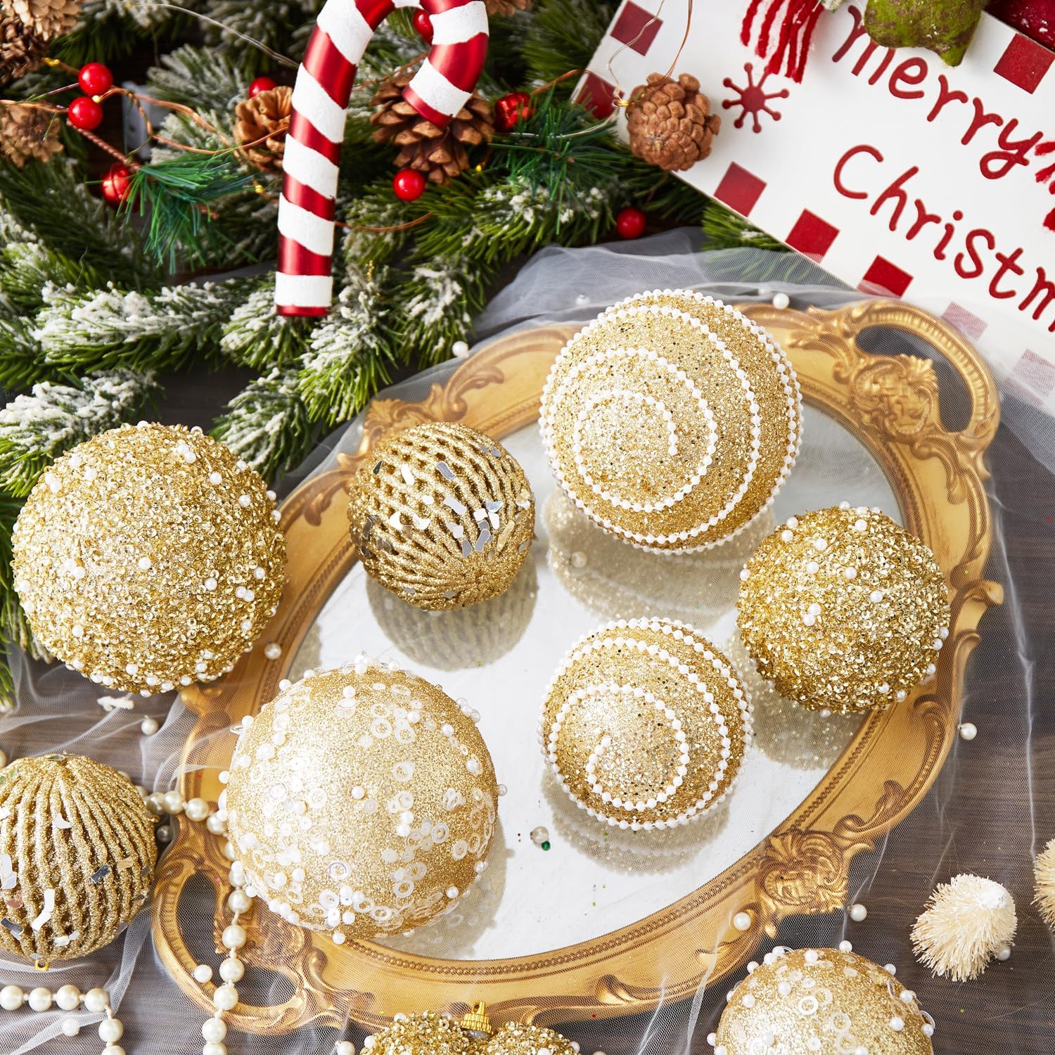 ChrisWish 14 adornos dorados de corazón y bolas de Navidad, decoraciones de bolas de Navidad, bolas de perlas colgantes de plástico inastillables