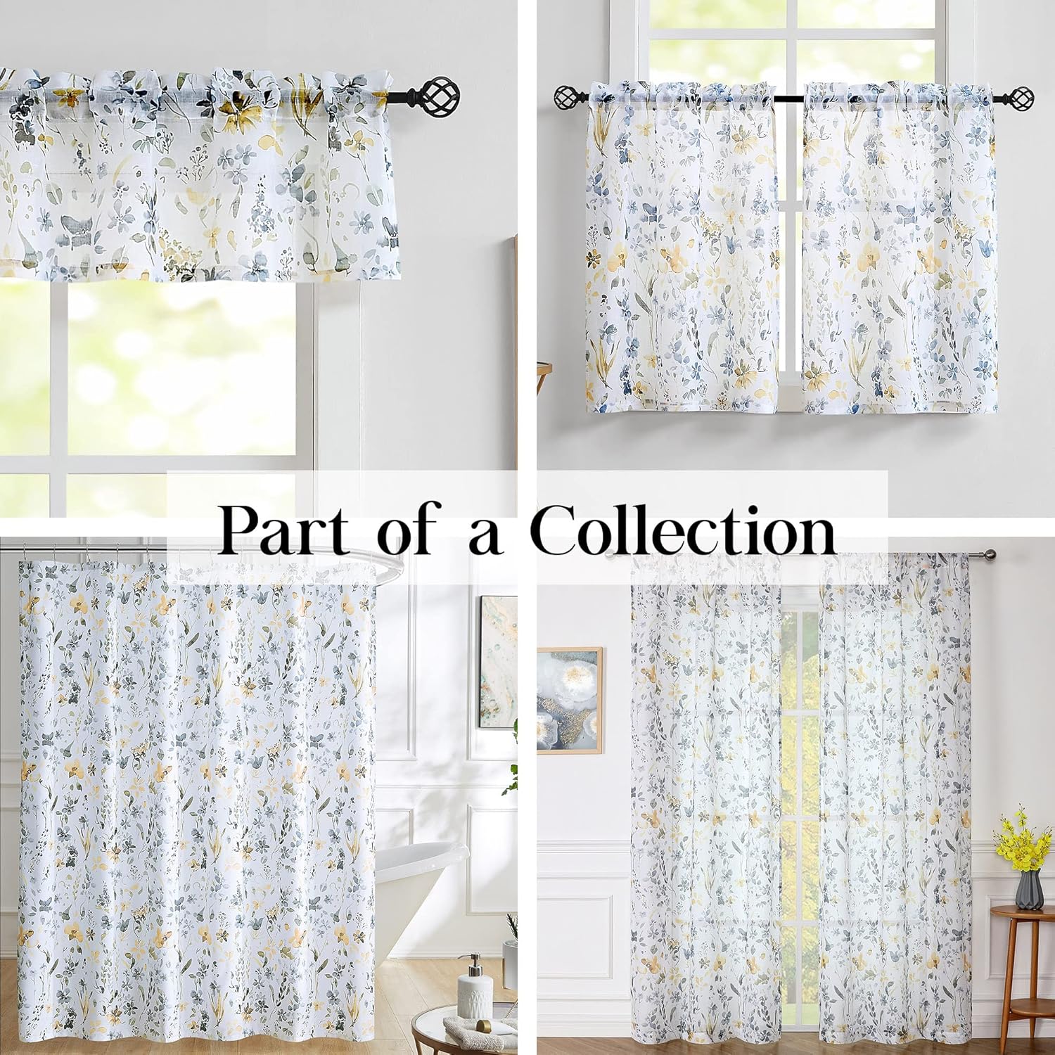 Fragrantex Cortinas traslúcidas de acuarela floral amarillo y gris, 84 pulgadas de largo para sala de estar, estampado botánico, tela texturizada de