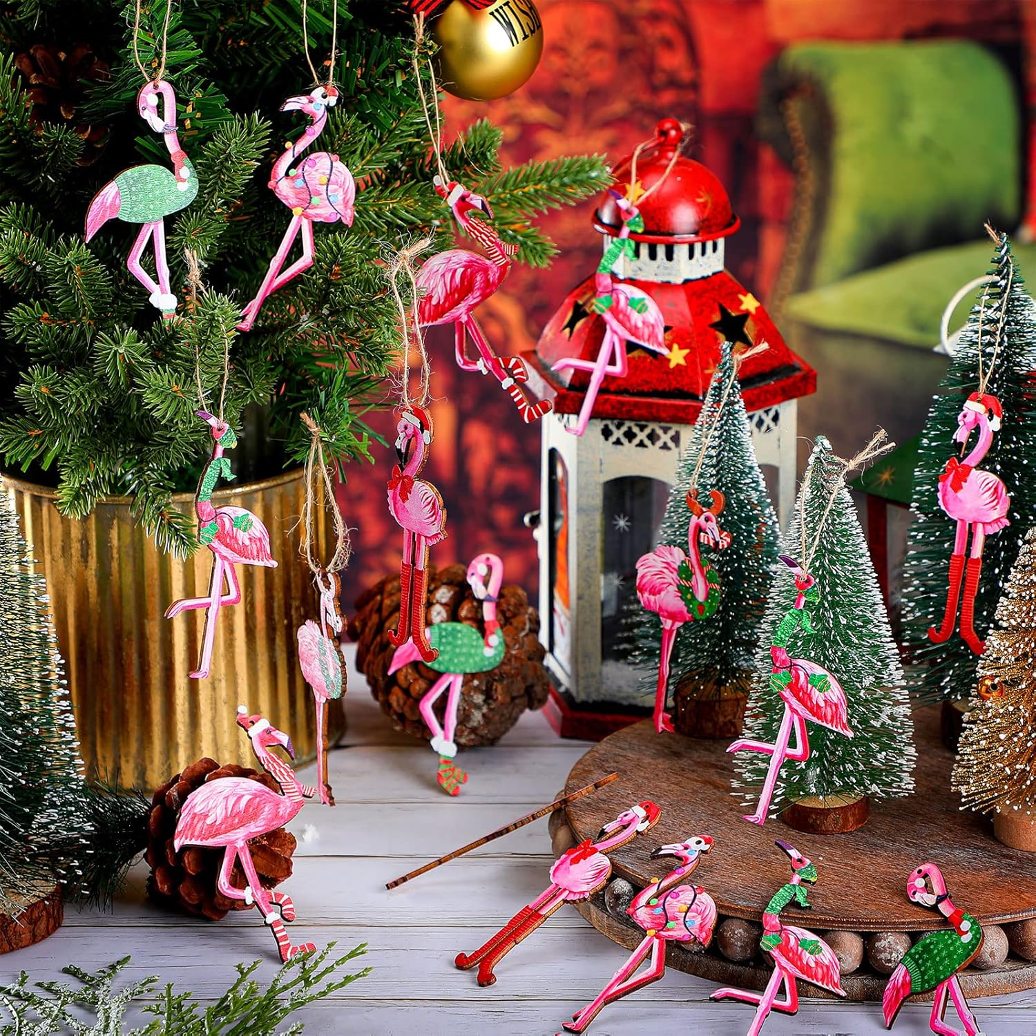 36 adornos para árbol de Navidad de flamenco, adornos colgantes de flamenco rosa, decoración de árbol de Navidad de madera con cuerdas de lino para