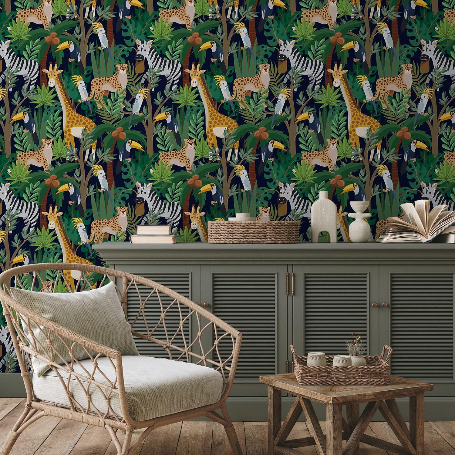 Papel tapiz de 17.7 x 236 pulgadas con estampado de animales, papel de contacto para niños, hojas de palmera verde, papel de contacto para