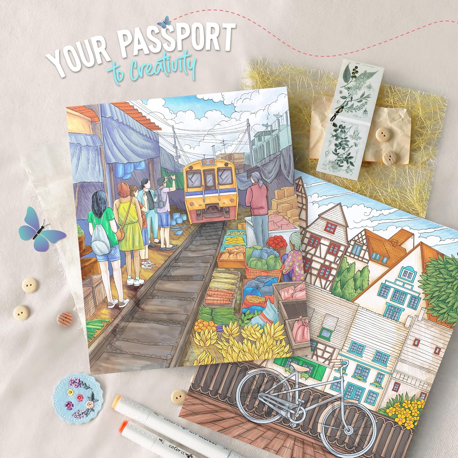 ColorIt Lost in Translation – Libro para colorear con espiral para adultos, 50 diseños de una sola cara de destinos y atracciones de viaje únicos,