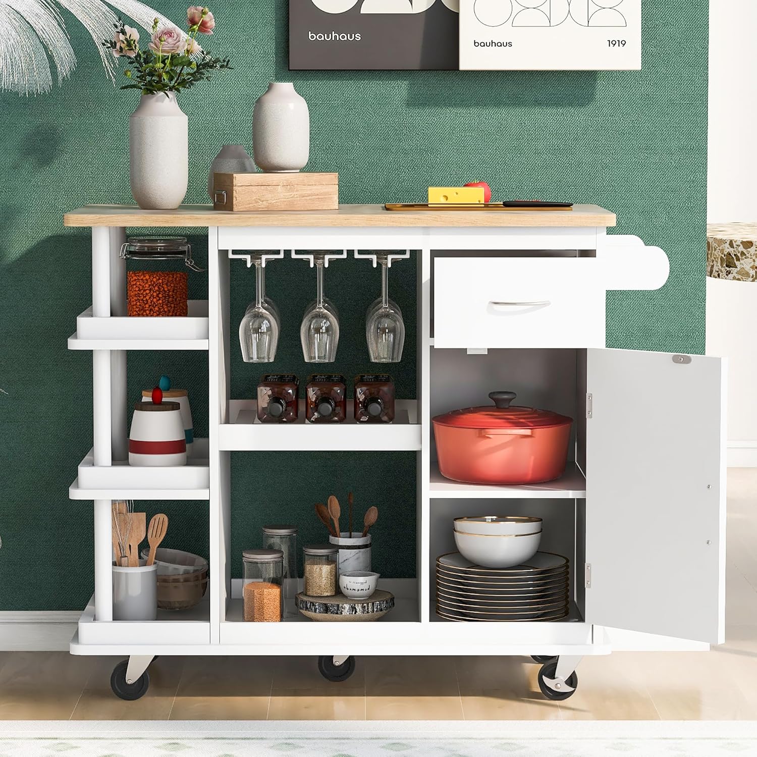 Carrito de cocina multiusos con gabinete de almacenamiento, cajón, estante ajustable y gancho lateral, isla de cocina rodante sobre 5 ruedas con