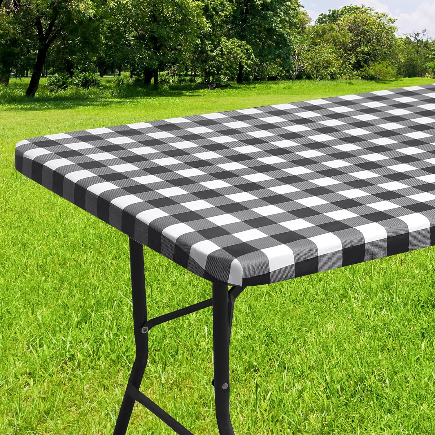 smiry – Mantel de vinilo rectangular para mesa de 4 pies, mantel elástico, ajustado e impermeable, diseño de cuadros, respaldo en franela, para