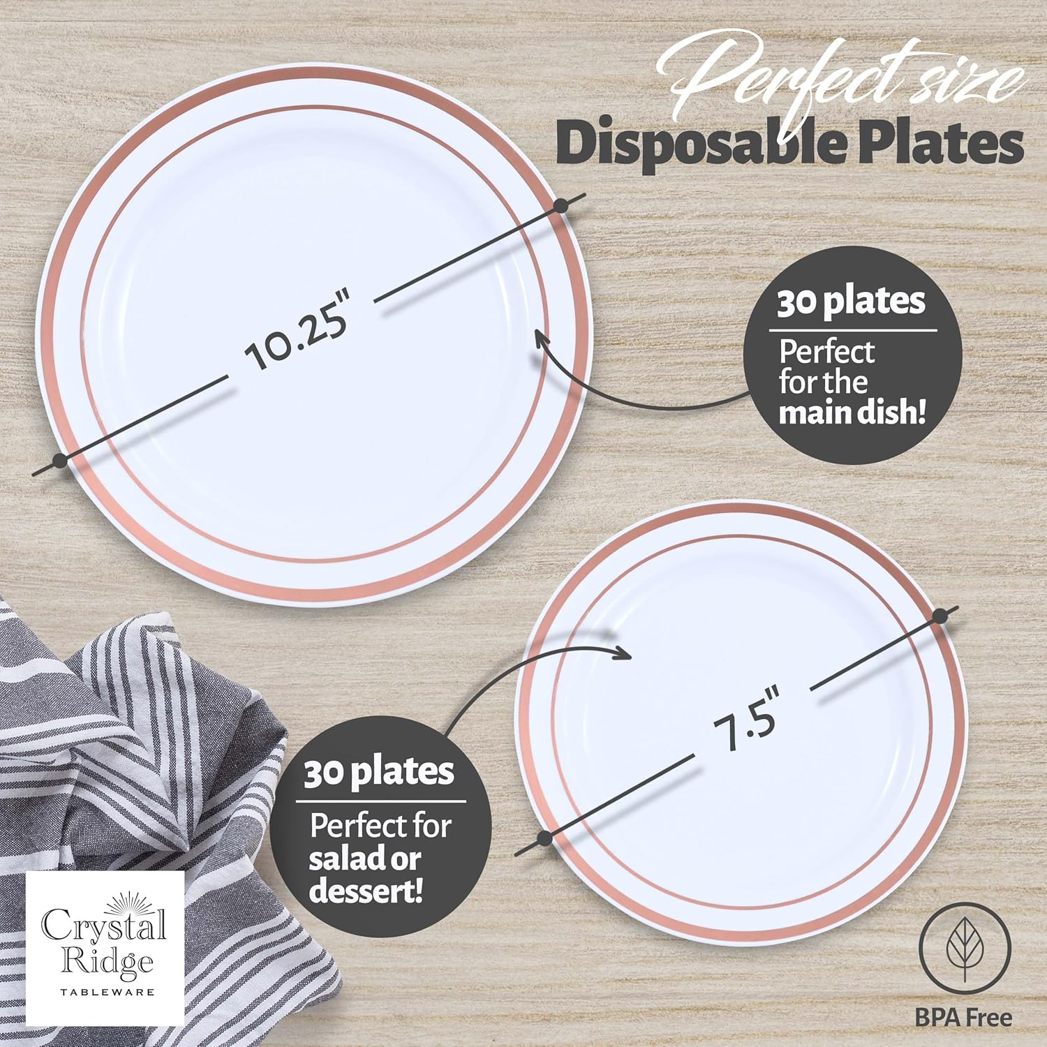 Juego de 60 platos de plástico de alta calidad, 30 platos llanos y 30 platos de ensalada, platos desechables para fiestas, platos de boda de
