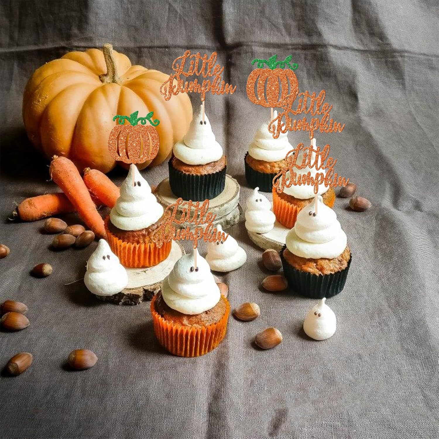 24 adornos para cupcakes de calabaza con purpurina para baby shower, temática de otoño, decoración de cupcakes de calabaza para cosecha de Acción de