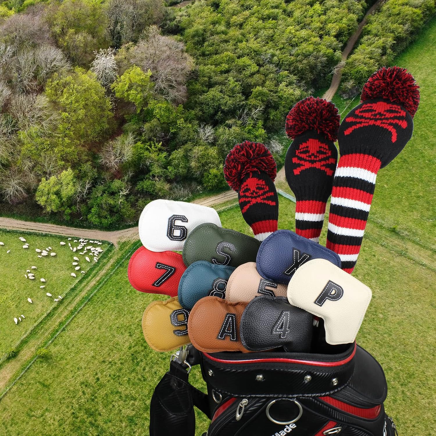 Scott Edward Juego de fundas de hierro para golf, juego de fundas de cuero para cabeza de golf, cuello largo, protege claramente el club, etiqueta