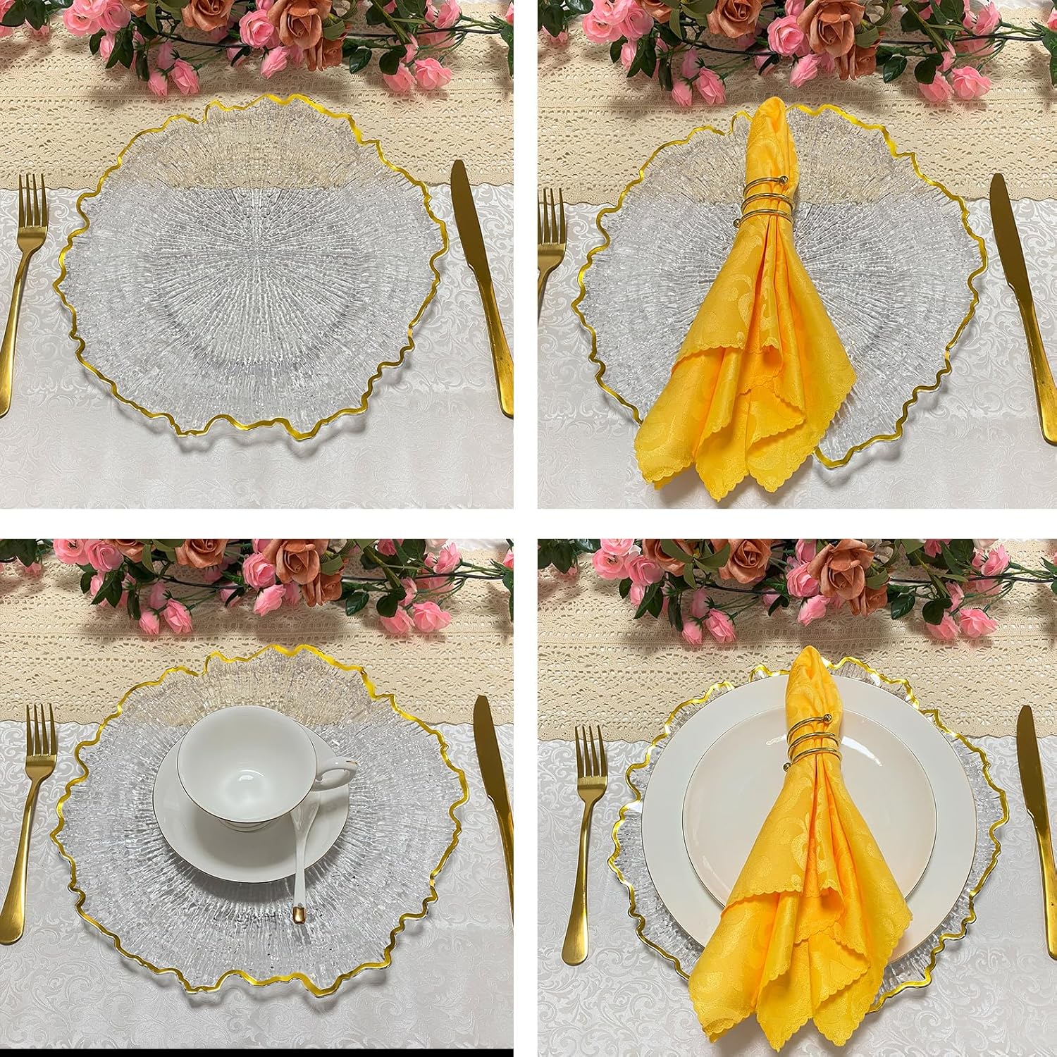DaCakeWS Platos de carga de arrecife de borde dorado acrílico, 10 unidades, platos de plástico floral de 13 pulgadas para boda para cena (10,