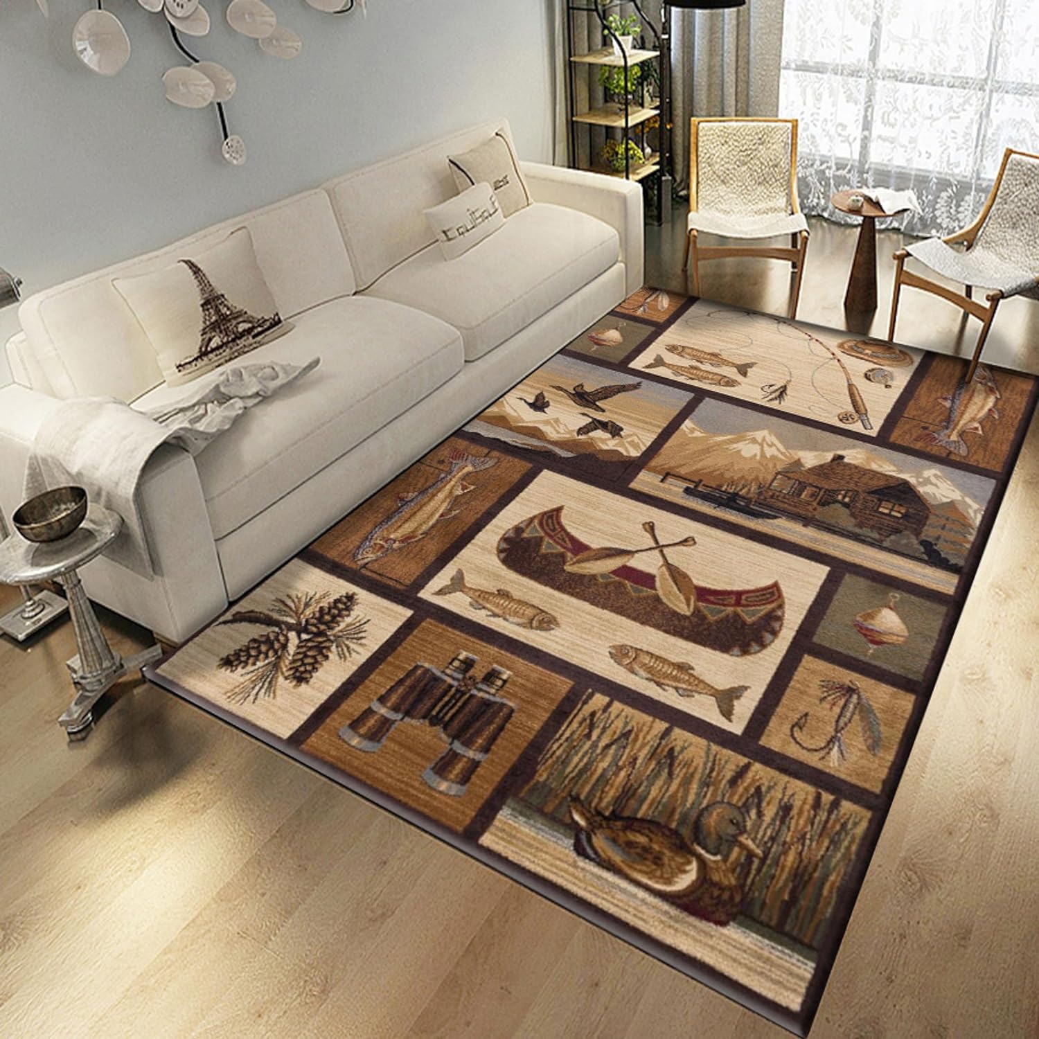 Alfombra de estilo campestre de 5 x 6 pies, alfombra rústica lavable para cabaña y vida silvestre, telescopio de pesca, diseño geométrico de pato,