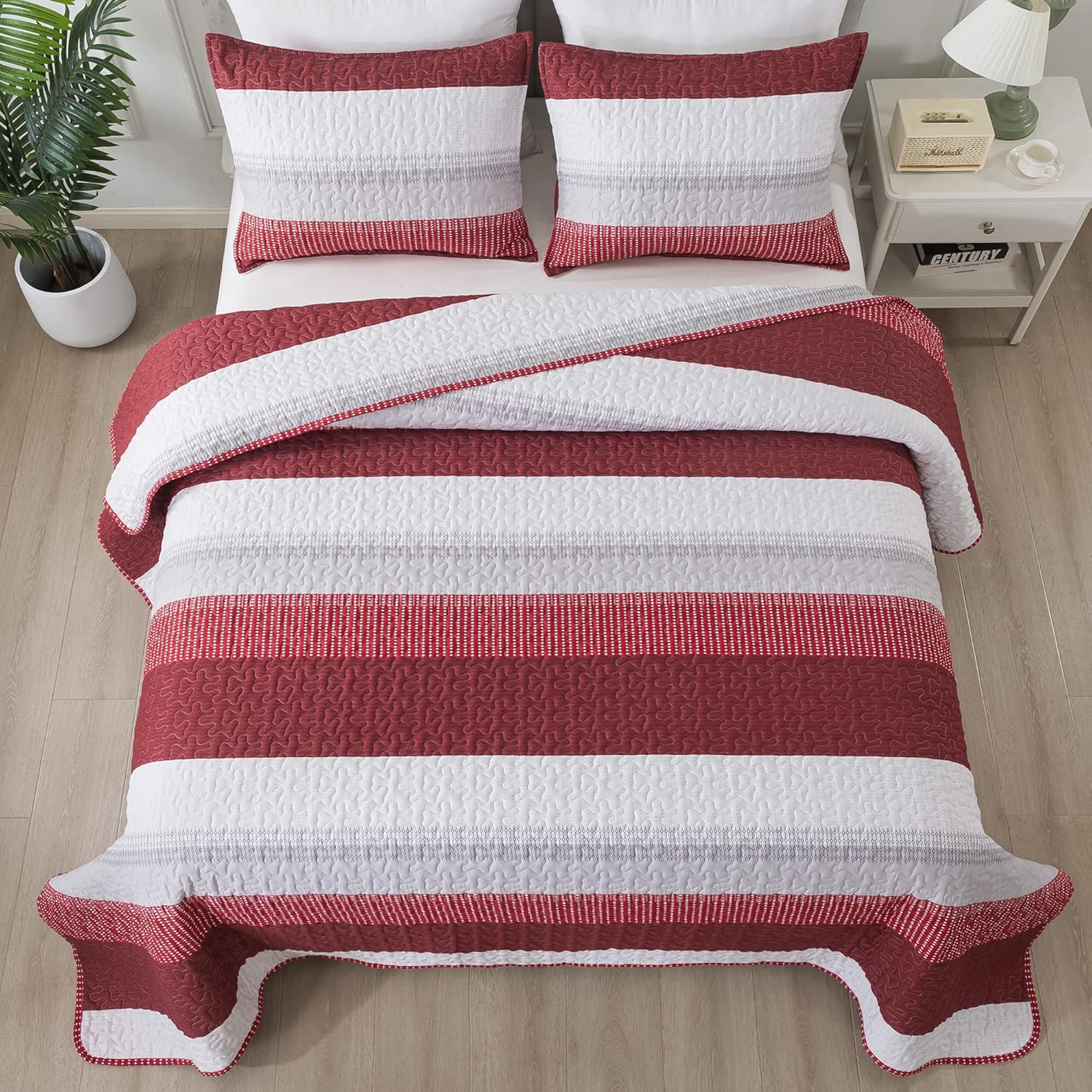 Andency – Juego de edredón a rayas color rojo Queen (90 x 96 pulgadas), 3 piezas (1 edredón a rayas y 2 fundas de almohada), juego de colcha de