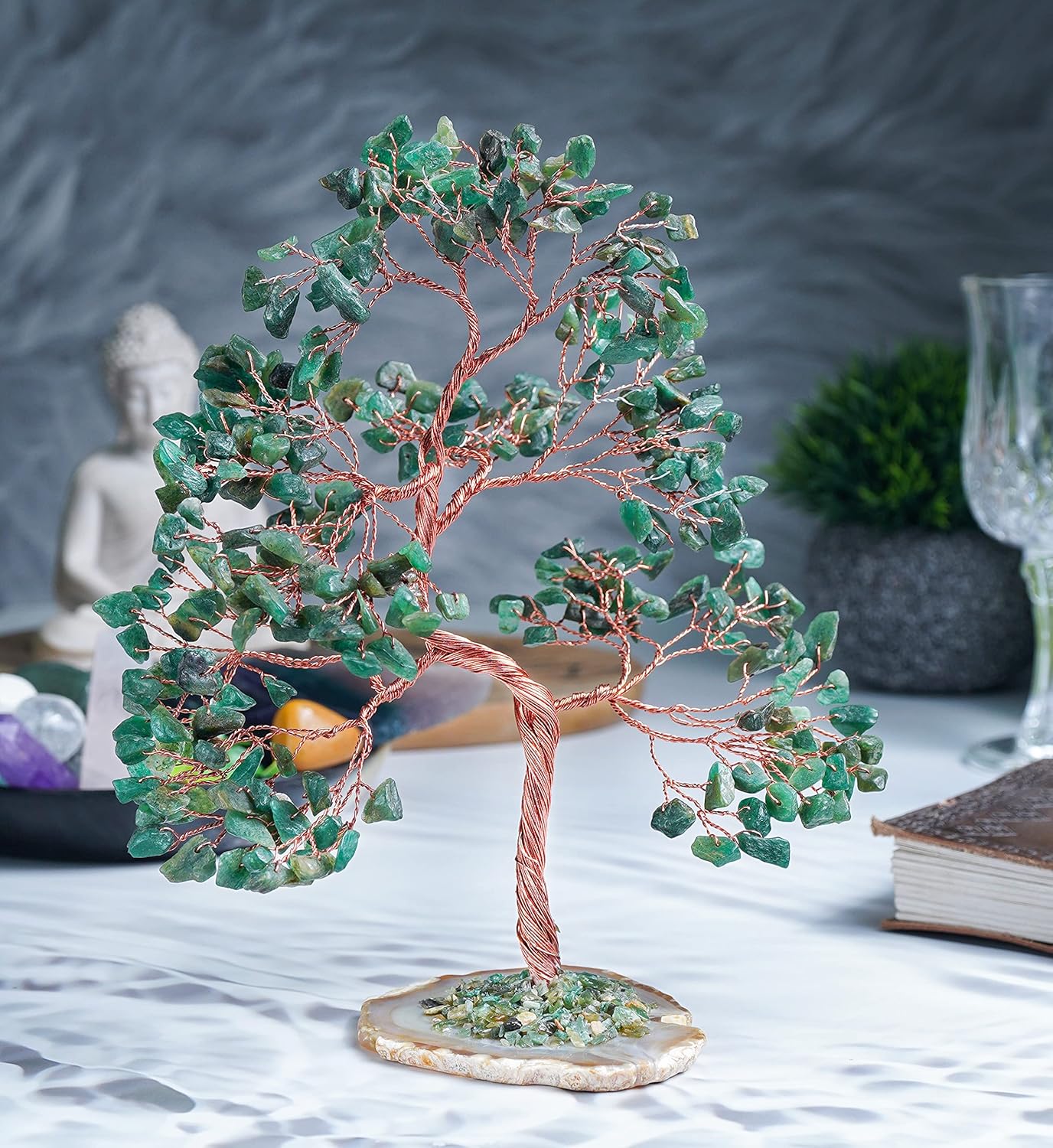 Árbol de piedras preciosas de aventurina verde  Base de rodajas de ágata geoda, árbol de cristal hecho a mano para energía positiva, piedra curativa