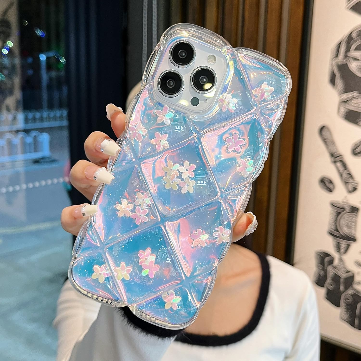 Qokey Funda para iPhone 14 Pro, bonita funda transparente con purpurina gradual láser + tarjeta translúcida marco ondulado suave anticaídas, borde