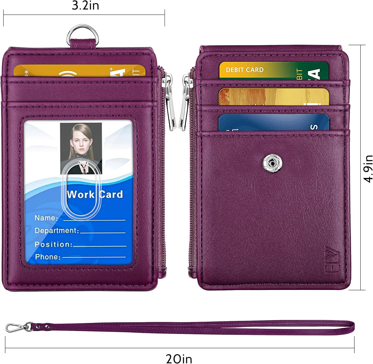 Soporte para tarjeta de identificación ELV con cremallera, de piel sintética, con 5 ranuras para tarjetas, 1 bolsillo lateral con bloqueo RFID y