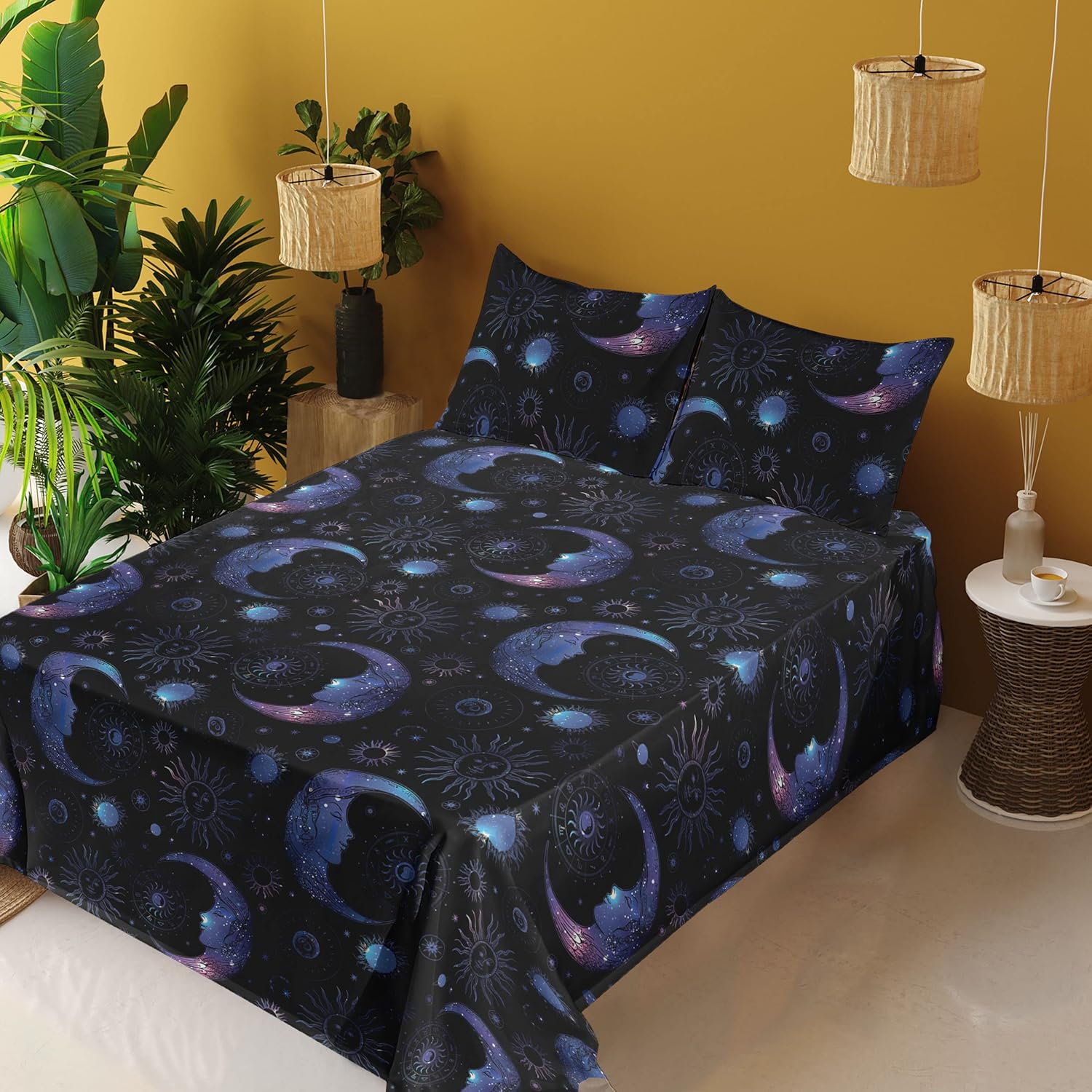 Ambesonne Moon Sheet Set, Galaxy Theme Sun and Crescent Sketch Pattern Modern Colors Boho Art, Fitted and Flat Sheet with Pillowcases Bedding Accent
